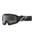 Alpinestars Vision Youth Corp Goggles, óculos de motocross pretos com lente espelhada prateada, tamanho júnior, correia ajustável preta com logótipo de estrela branco, forro de espuma interior azul, concebidos para corridas de motociclismo fora de estrada