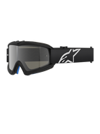 Alpinestars Vision Youth Corp Goggles, óculos de motocross pretos com lente espelhada prateada, tamanho júnior, correia ajustável preta com logótipo de estrela branco, forro de espuma interior azul, concebidos para corridas de motociclismo fora de estrada
