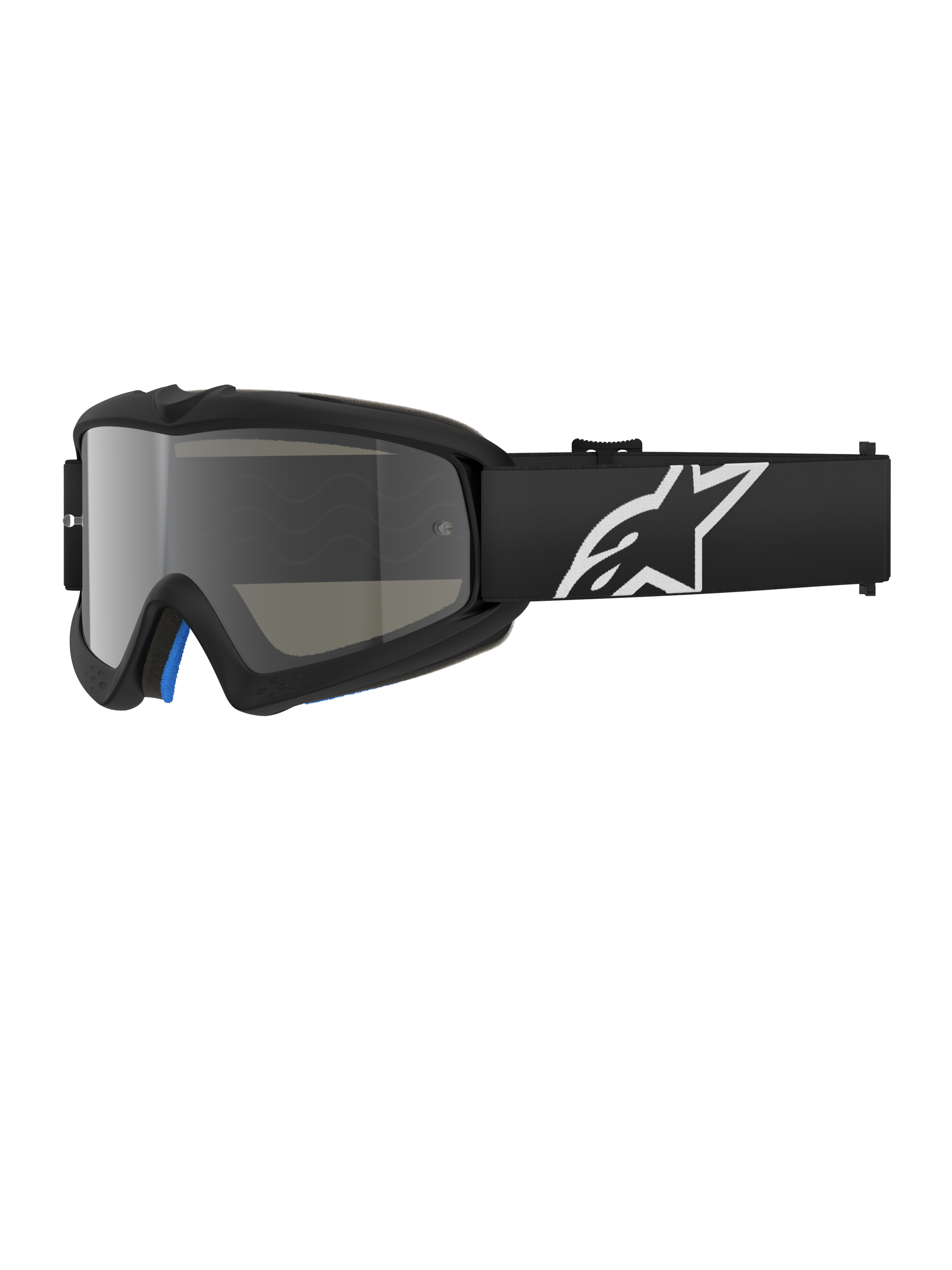 Alpinestars Vision Youth Corp Goggles, óculos de motocross pretos com lente espelhada prateada, tamanho júnior, correia ajustável preta com logótipo de estrela branco, forro de espuma interior azul, concebidos para corridas de motociclismo fora de estrada