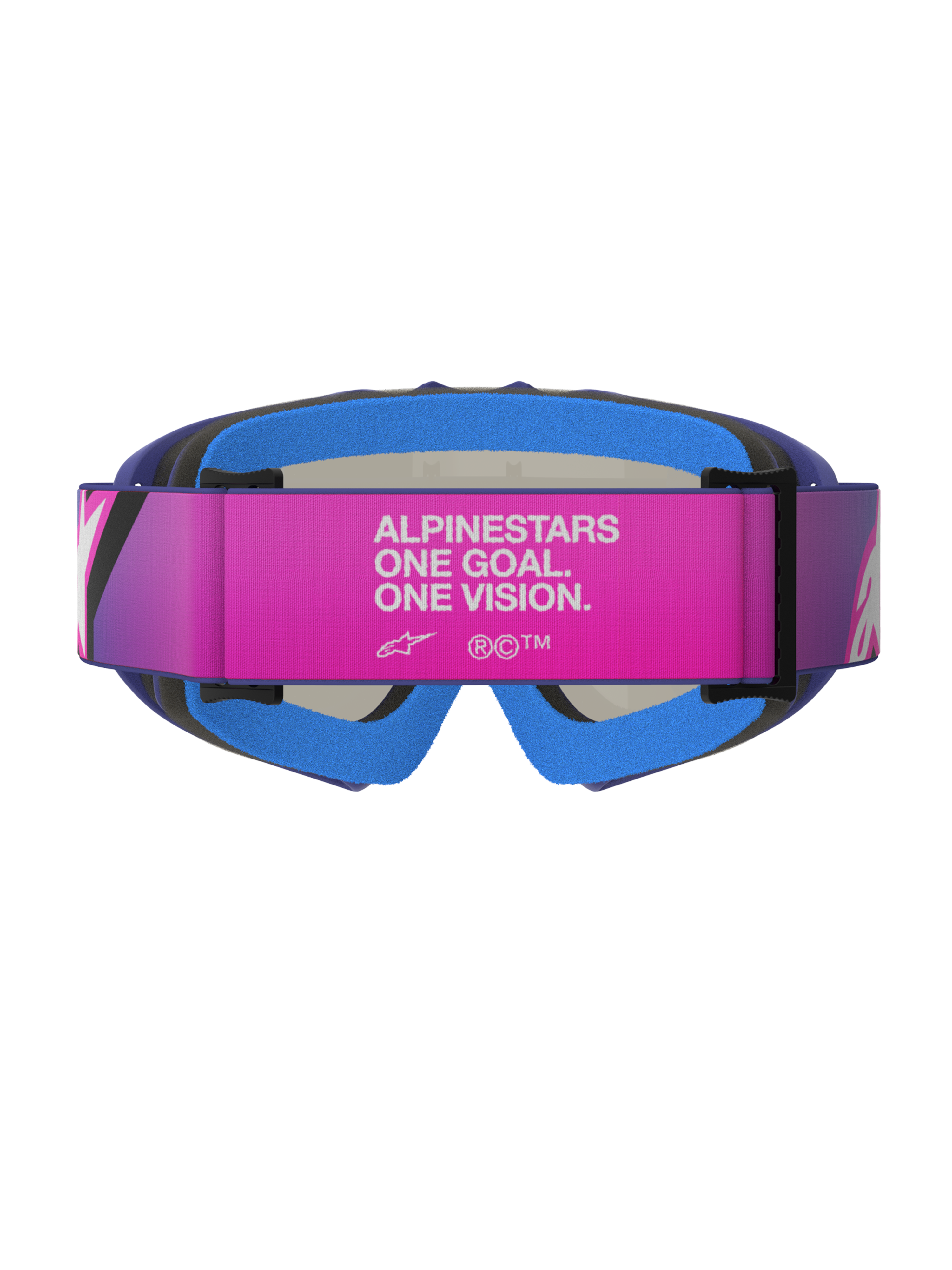 Óculos Alpinestars Vision Youth Corp, óculos de motocross, roxo, rosa fluorescente e azul espelhado, vista traseira com uma correia ajustável rosa com o texto branco 'ALPINESTARS ONE GOAL. ONE VISION.', espuma facial acolchoada azul e armação de uretano roxa, concebidos para jovens pilotos de todo-o-terreno.