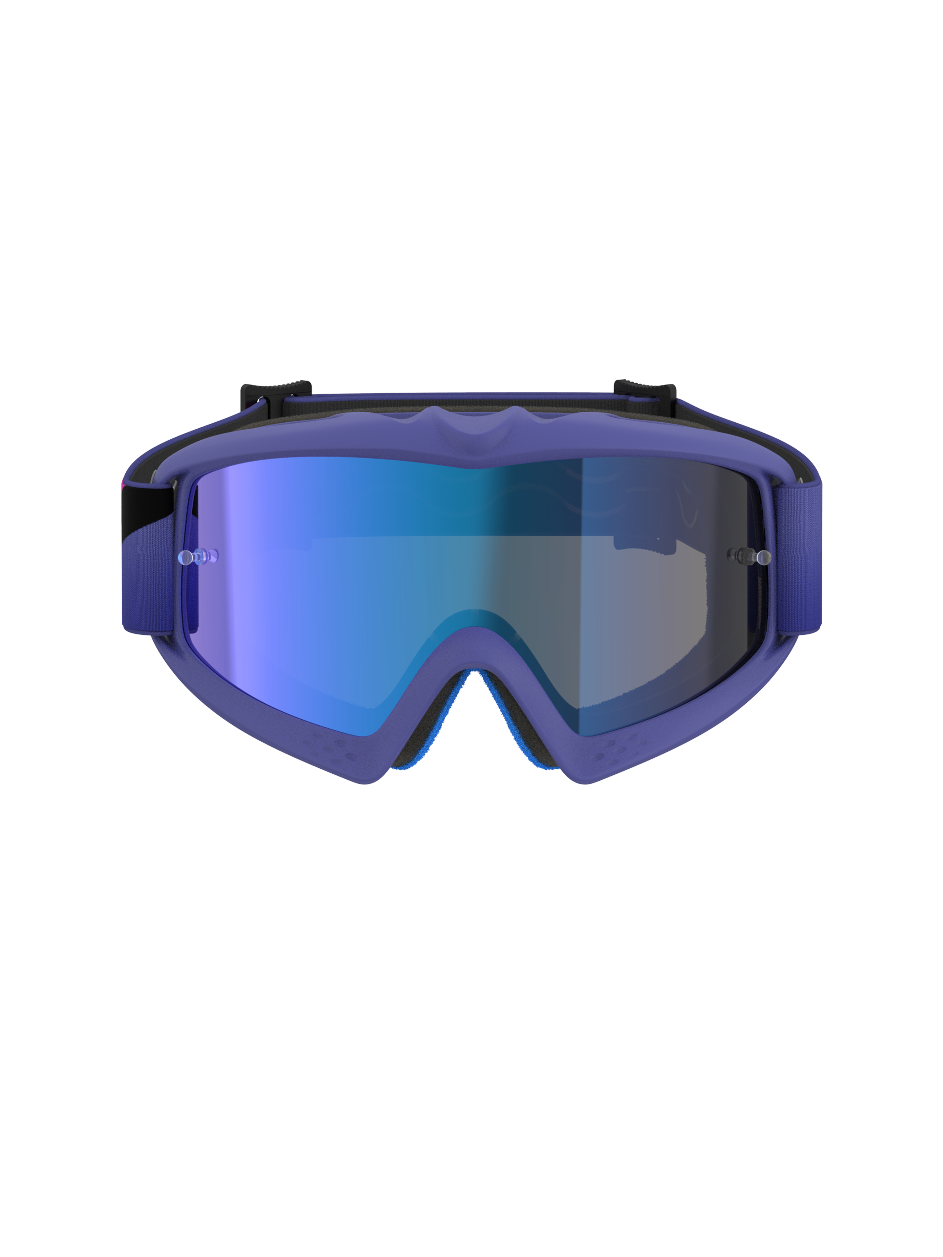 Óculos Alpinestars Vision Youth Corp, óculos de motocross, armação roxa e rosa fluo com lente azul espelhada, proteção ocular de todo-o-terreno para jovens, vista frontal demonstrando a armação A-FLEX e a espuma facial de várias camadas