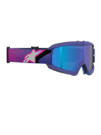 Alpinestars Vision Youth Corp Goggles, óculos de motocross, armação roxa e rosa fluorescente com lente azul espelhada, correia elástica larga com logótipo Alpinestars em rosa e branco, óculos de alto desempenho para jovens pilotos de todo-o-terreno