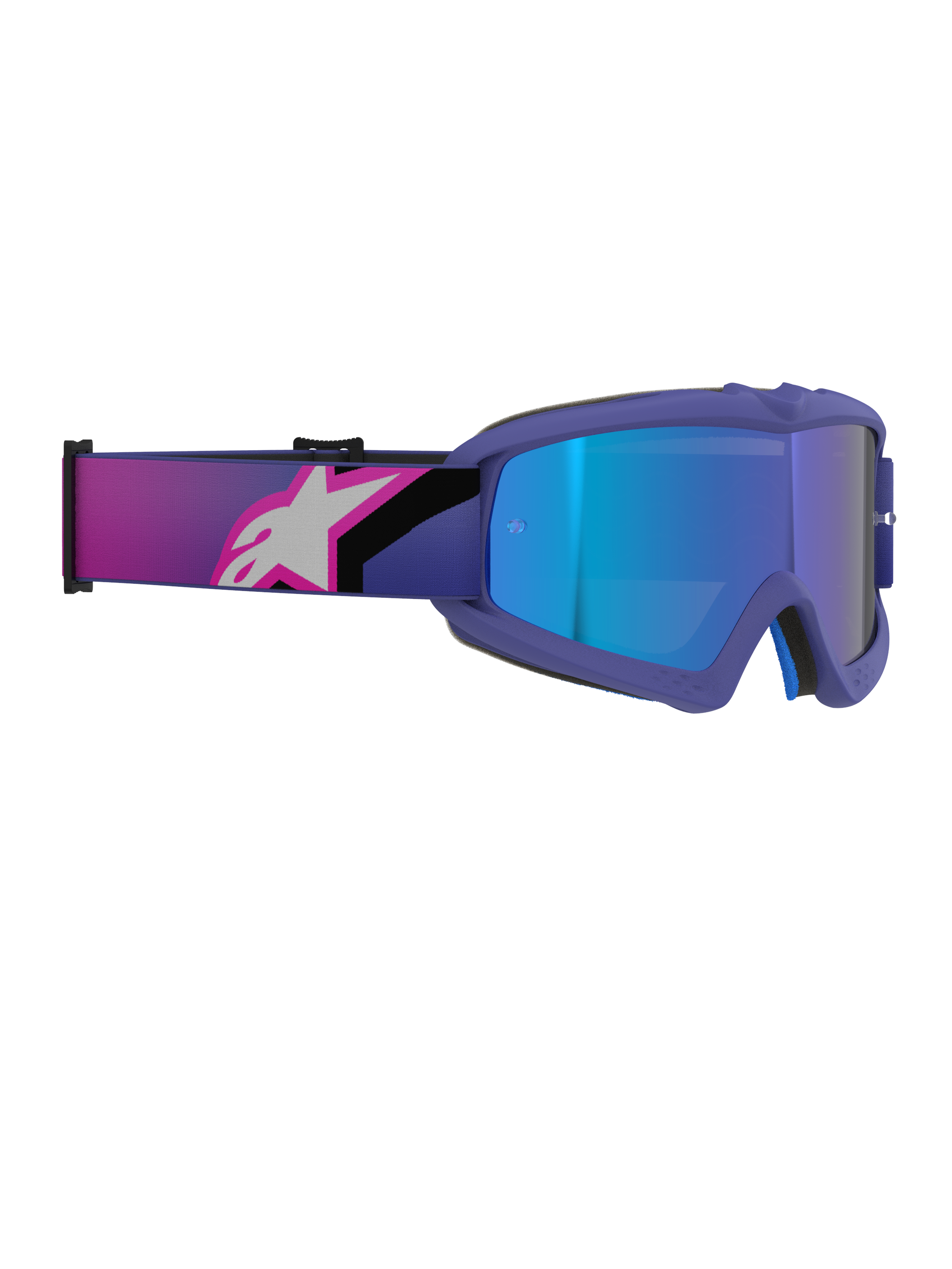Alpinestars Vision Youth Corp Goggles, óculos de motocross, armação roxa e rosa fluorescente com lente azul espelhada, correia elástica larga com logótipo Alpinestars em rosa e branco, óculos de alto desempenho para jovens pilotos de todo-o-terreno