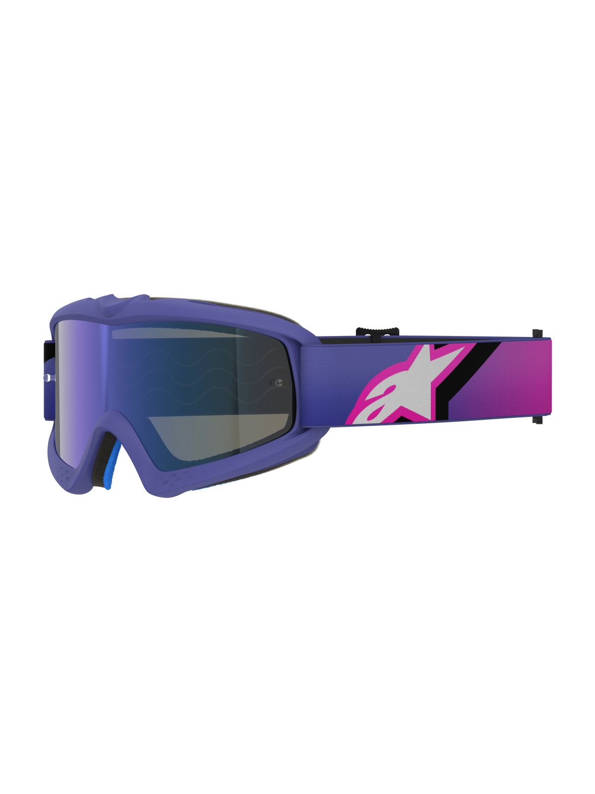 Óculos Alpinestars Vision Youth Corp, óculos de motocross, roxo e rosa fluorescente, com lente Mirror Blue espelhada e fita em degradê com logótipo Alpinestars branco, concebidos para jovens pilotos de todo-o-terreno