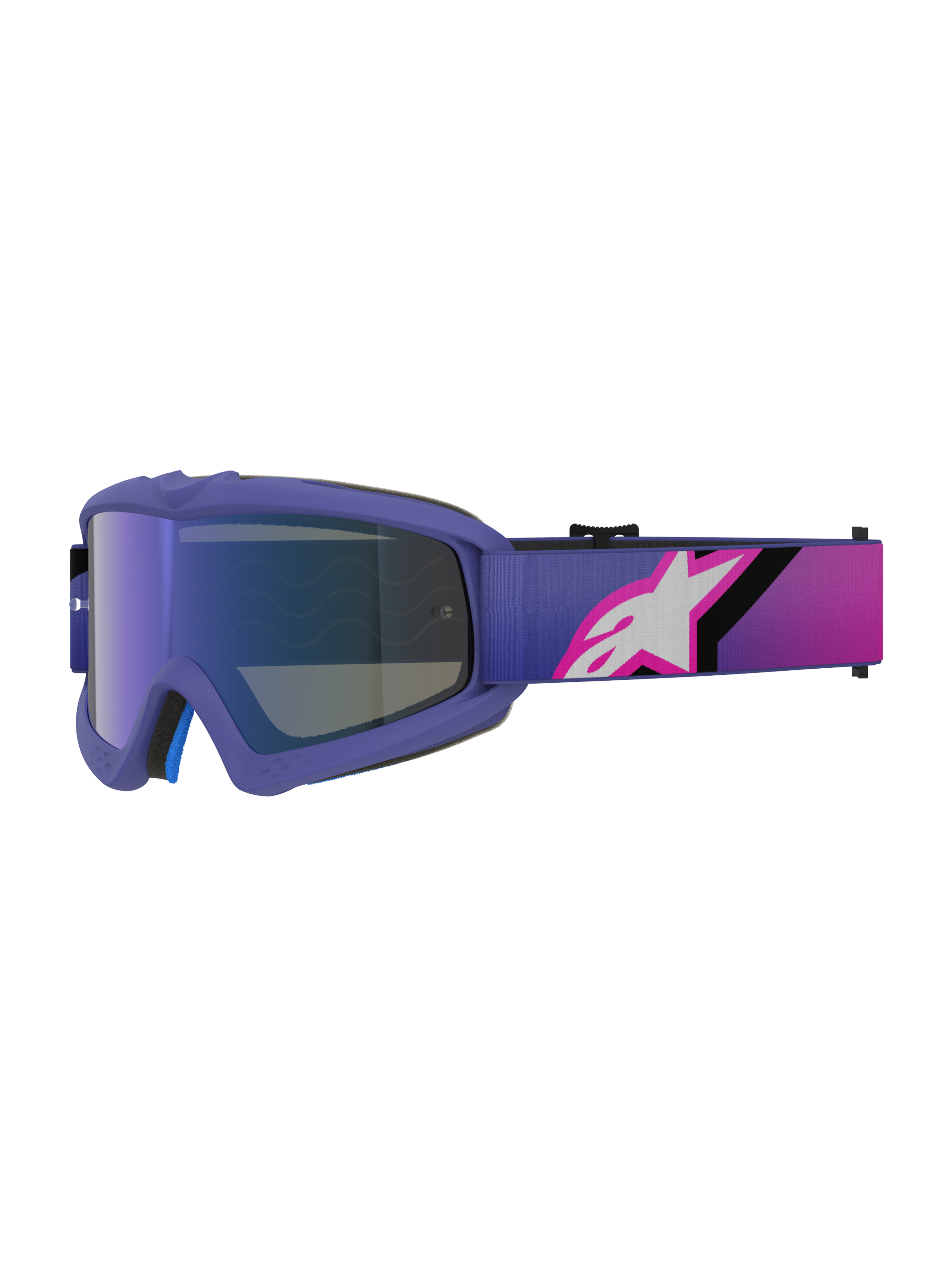 Óculos Alpinestars Vision Youth Corp, óculos de motocross, roxo e rosa fluorescente, com lente Mirror Blue espelhada e fita em degradê com logótipo Alpinestars branco, concebidos para jovens pilotos de todo-o-terreno