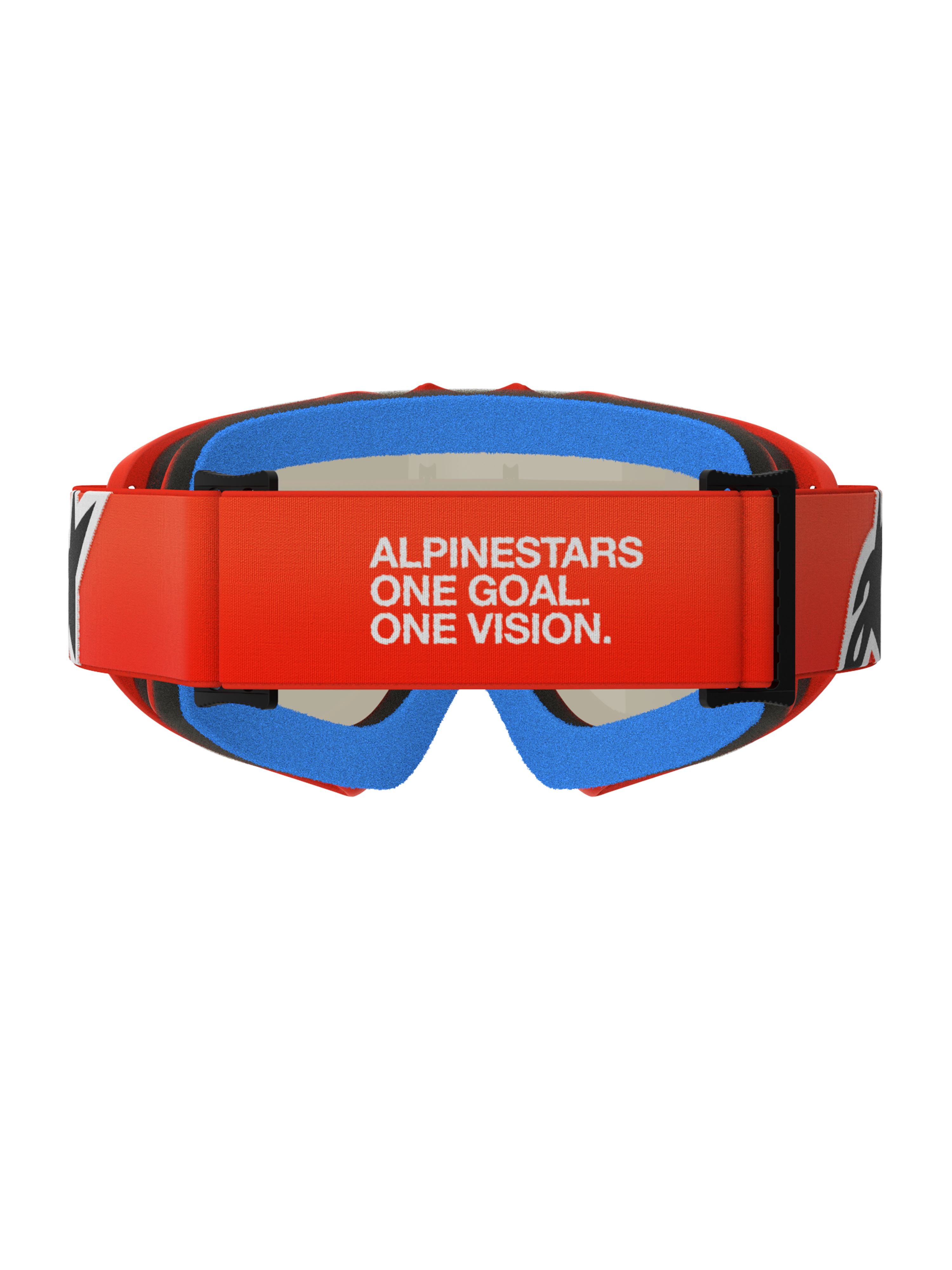 Alpinestars Vision Youth Corp Goggles, Youth Motocross Goggles, Orange and Red with Blue foam, rear view featuring wide red strap with white 'ALPINESTARS ONE GOAL. ONE VISION.' branding, multi-layer comfort foam for secure fit