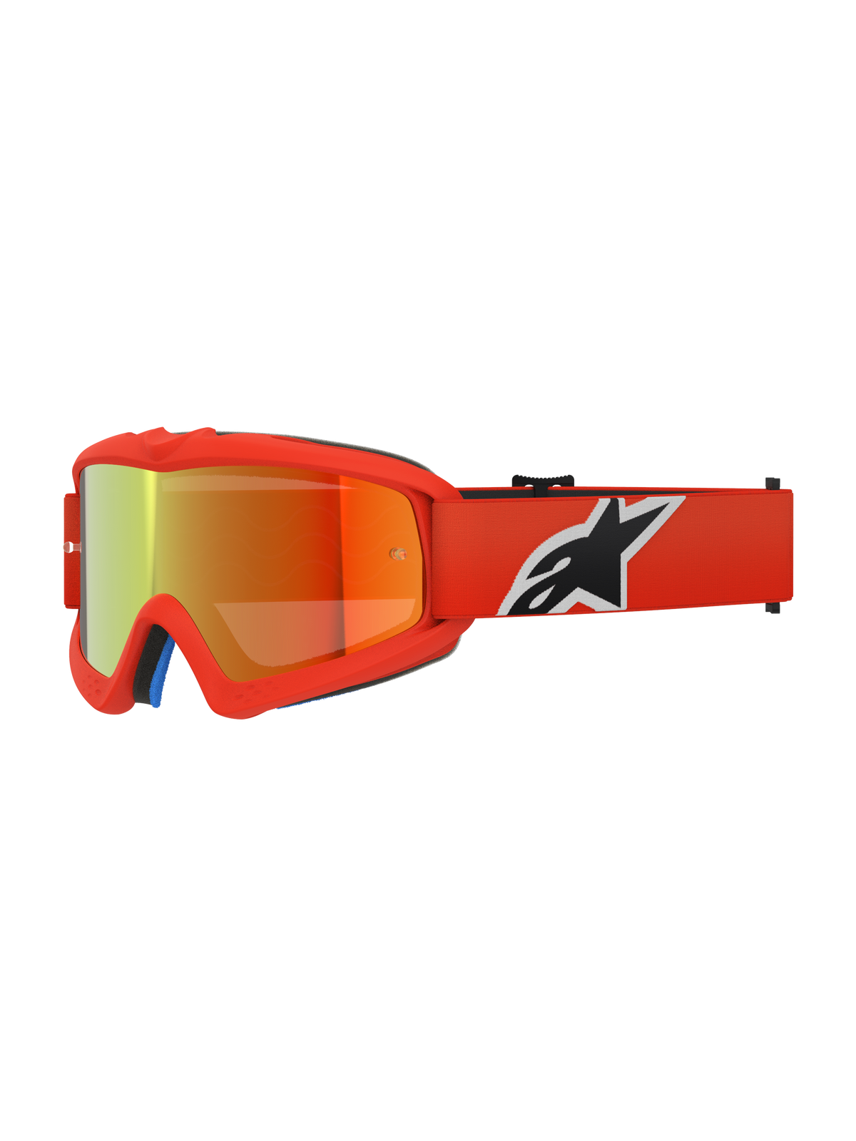 Óculos Alpinestars Vision Youth Corp, óculos de motocross para jovens, cor de laranja com lente espelhada vermelha, com o logótipo Alpinestars a preto e branco na correia, proteção ocular de alta performance para corridas fora de estrada
