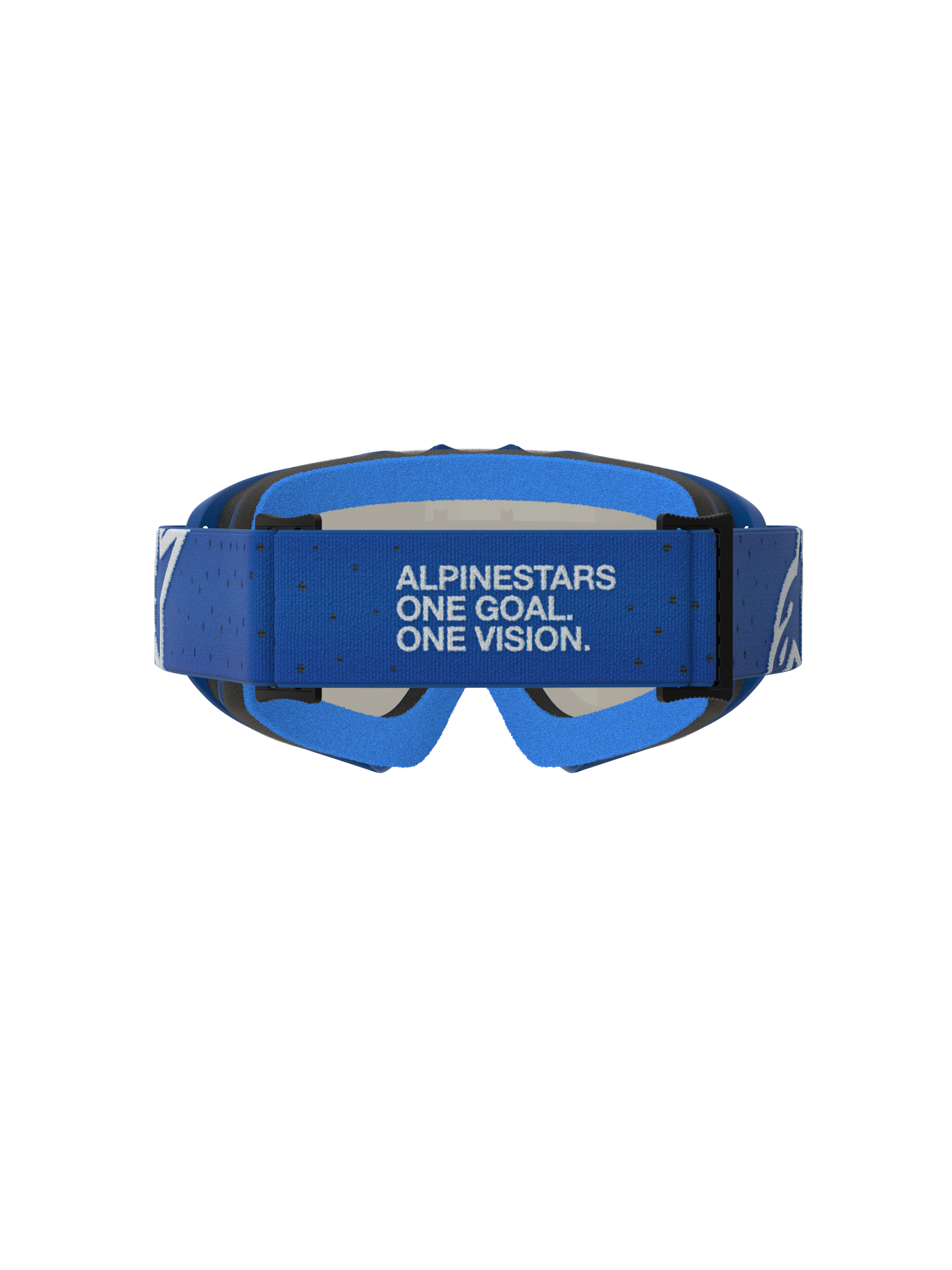 Alpinestars Vision Vesta Jovem, óculos de motocross em azul e branco, vista traseira com fita e slogan One Goal. One Vision.