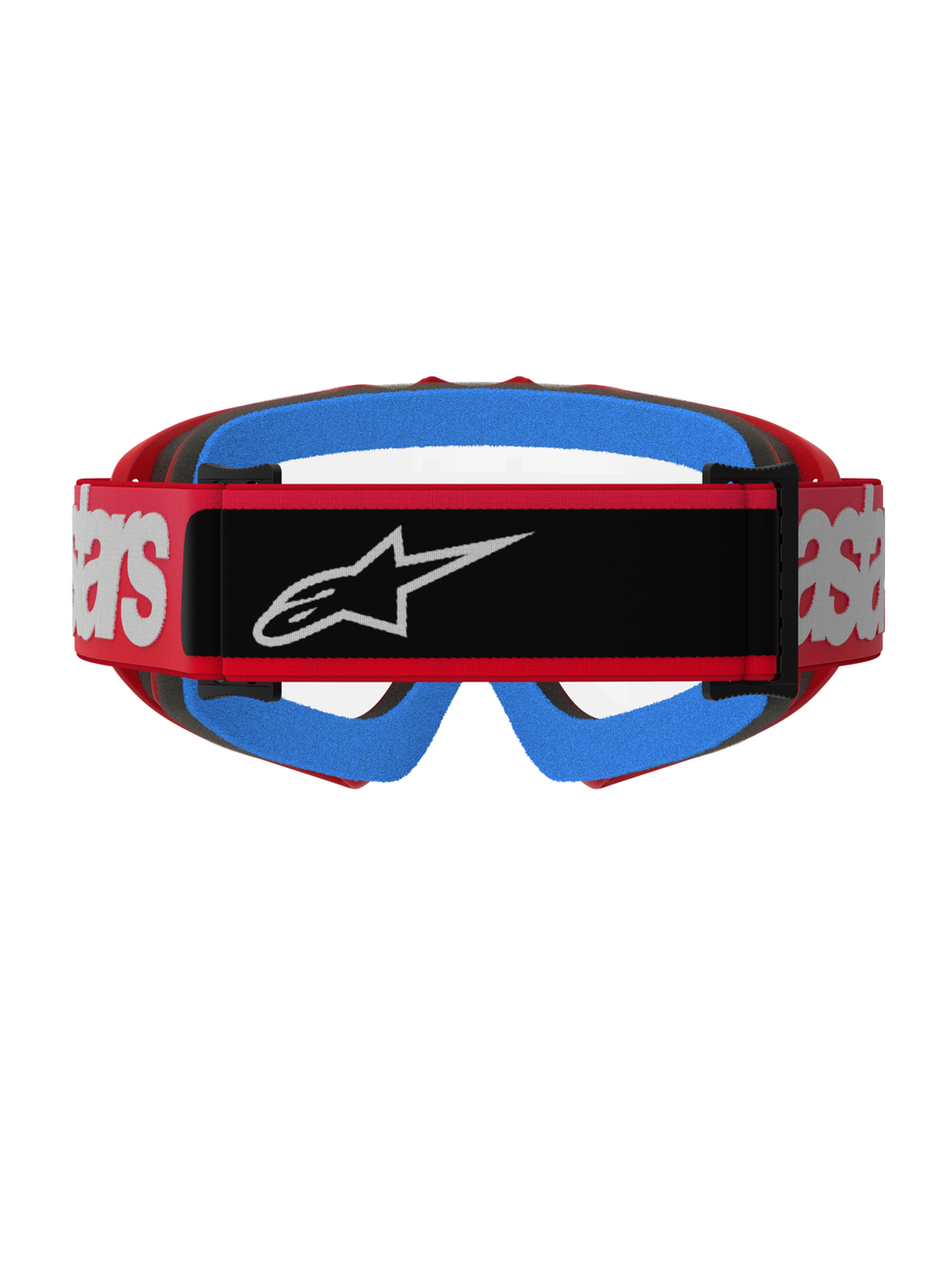 Óculos Alpinestars Vision Youth Blaze, Vermelho e Transparente, vista traseira mostrando uma correia tecida vermelha com um emblema de logótipo preto e marca branca, espuma facial azul vibrante e lente transparente anti-embaciamento, concebidos para corridas de motocross juvenil