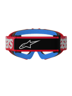 Óculos Alpinestars Vision Youth Blaze, Vermelho e Transparente, vista traseira mostrando uma correia tecida vermelha com um emblema de logótipo preto e marca branca, espuma facial azul vibrante e lente transparente anti-embaciamento, concebidos para corridas de motocross juvenil