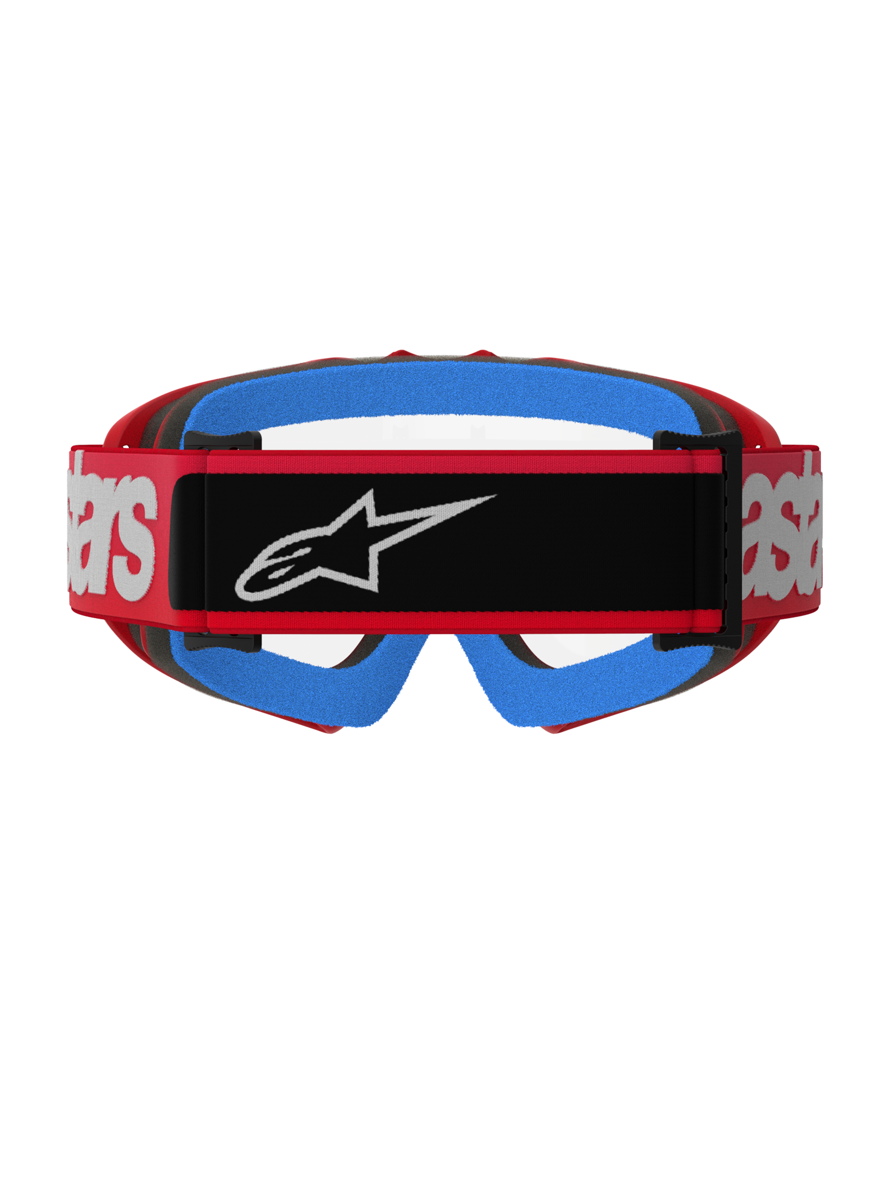 Óculos Alpinestars Vision Youth Blaze, Vermelho e Transparente, vista traseira mostrando uma correia tecida vermelha com um emblema de logótipo preto e marca branca, espuma facial azul vibrante e lente transparente anti-embaciamento, concebidos para corridas de motocross juvenil
