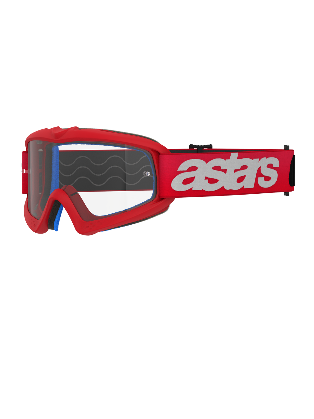 Óculos Alpinestars Vision Youth Blaze, óculos de motocross para jovens, vermelhos e brancos, lente transparente com pinos para tear-off, almofada interior azul, correia vermelha com logótipo branco e padrão de onda em silicone para aderência, proteção ocular de alta performance para corridas juvenis todo-o-terreno