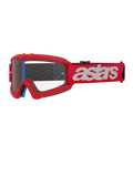 Óculos Alpinestars Vision Youth Blaze, óculos de motocross para jovens, vermelhos e brancos, lente transparente com pinos para tear-off, almofada interior azul, correia vermelha com logótipo branco e padrão de onda em silicone para aderência, proteção ocular de alta performance para corridas juvenis todo-o-terreno