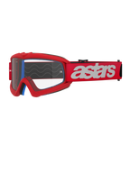 Óculos Alpinestars Vision Youth Blaze, óculos de motocross para jovens, vermelhos e brancos, lente transparente com pinos para tear-off, almofada interior azul, correia vermelha com logótipo branco e padrão de onda em silicone para aderência, proteção ocular de alta performance para corridas juvenis todo-o-terreno