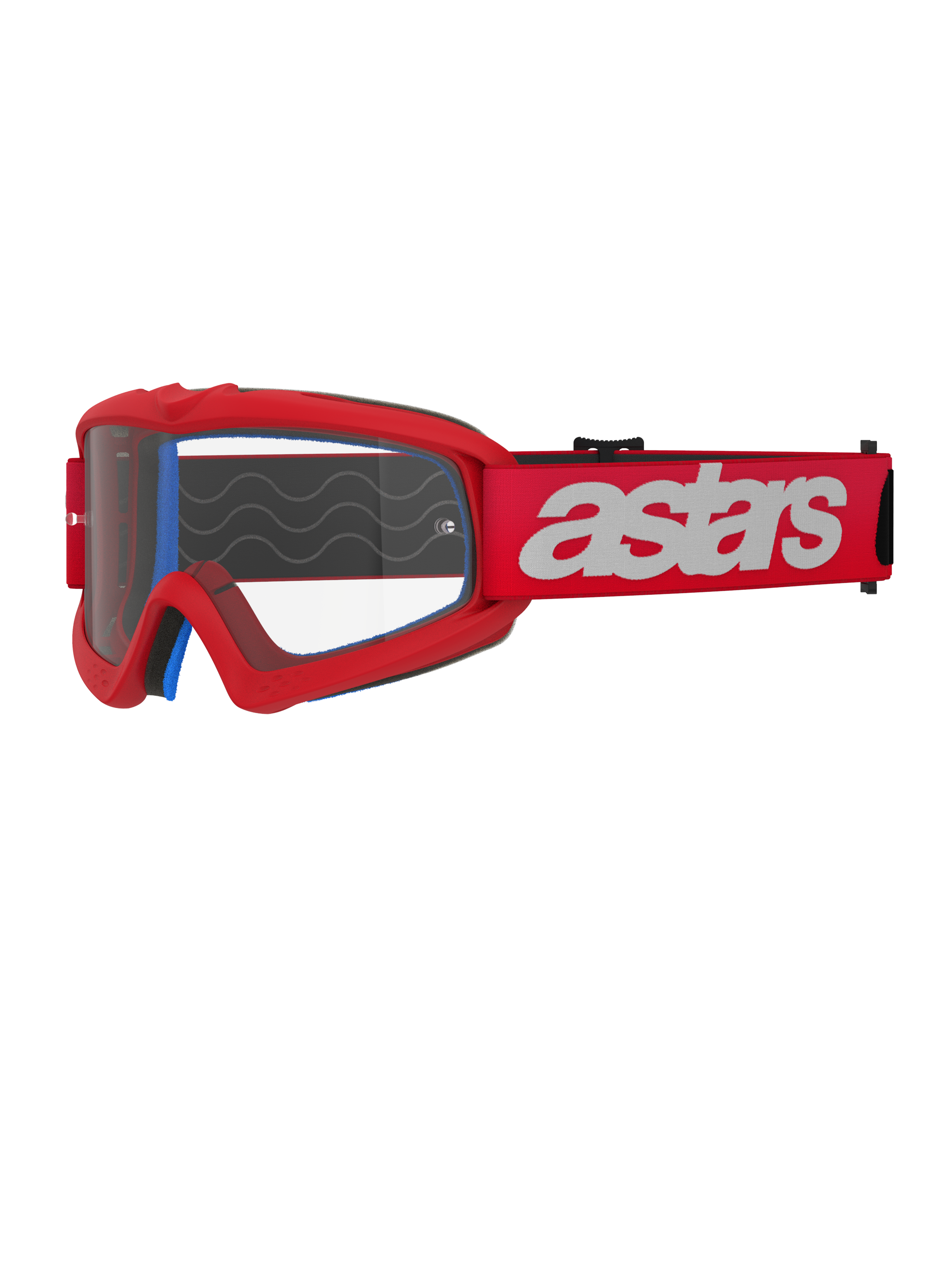Alpinestars Vision Youth Blaze Goggles, Youth Motocross Goggles, Red and White, Clear lens with tear-off posts, blue interior padding, red strap with white branding and silicone wave pattern for grip, high-performance eye protection for youth off-road racing