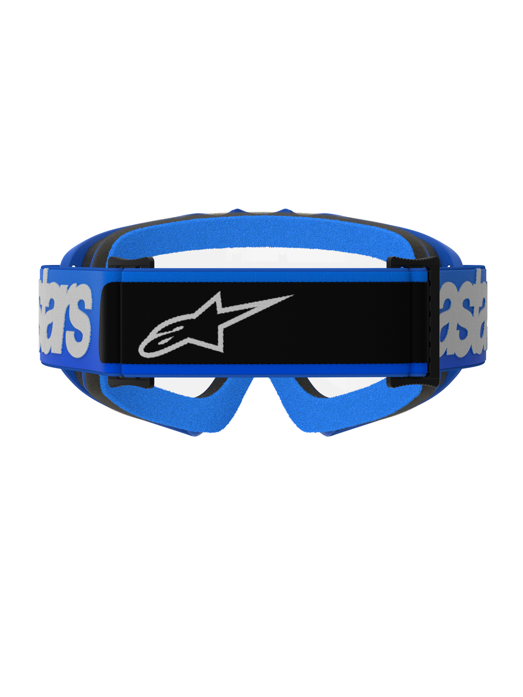 Óculos Vision Jovem Blaze Alpinestars, óculos de motocross, azul e transparente, vista traseira com fita azul larga com painel central preto e logótipo Alpinestars branco, acolchoamento de espuma azul e preto, visibilidade de lente transparente