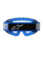 Óculos Vision Jovem Blaze Alpinestars, óculos de motocross, azul e transparente, vista traseira com fita azul larga com painel central preto e logótipo Alpinestars branco, acolchoamento de espuma azul e preto, visibilidade de lente transparente
