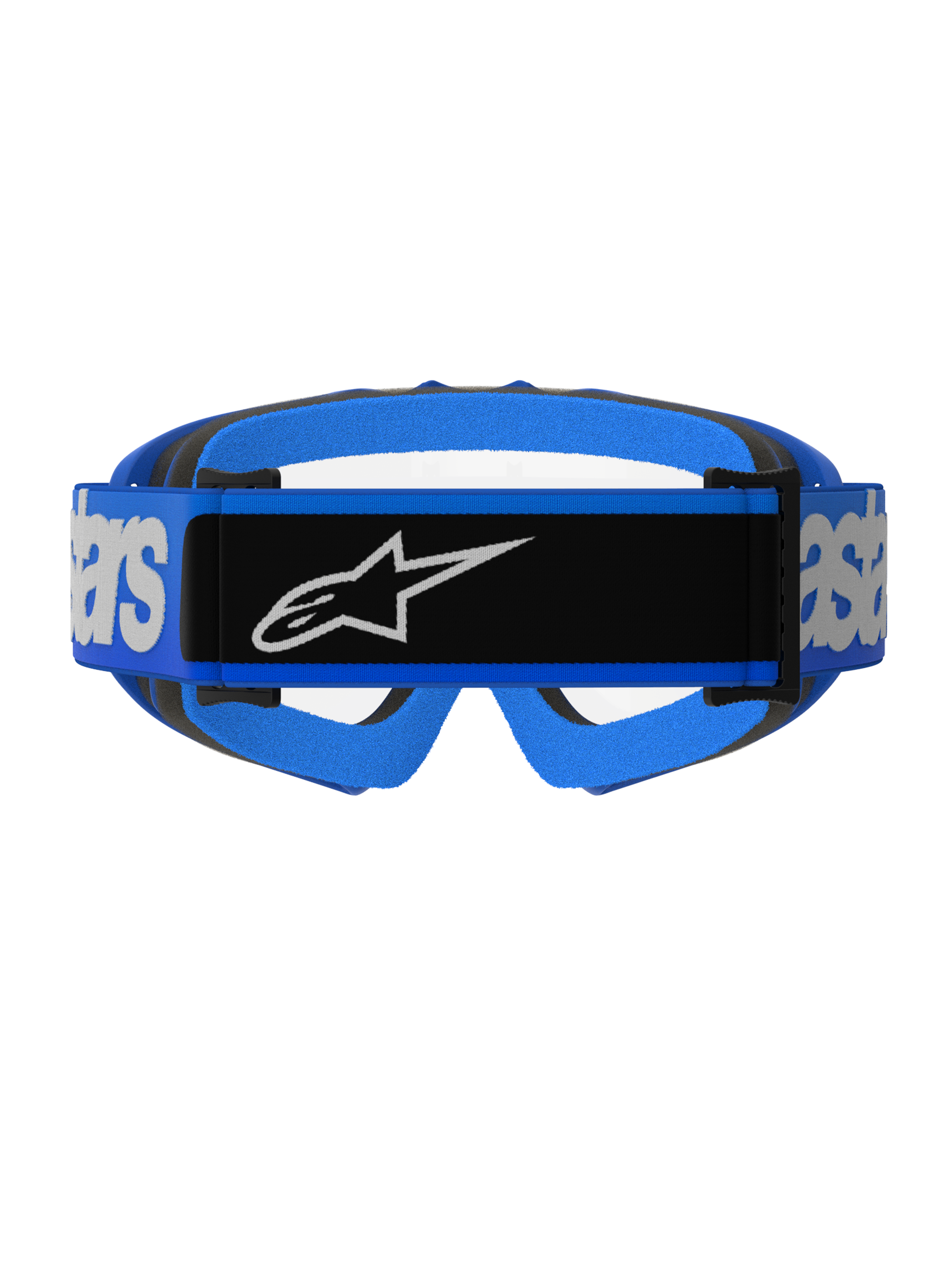 Óculos Vision Jovem Blaze Alpinestars, óculos de motocross, azul e transparente, vista traseira com fita azul larga com painel central preto e logótipo Alpinestars branco, acolchoamento de espuma azul e preto, visibilidade de lente transparente