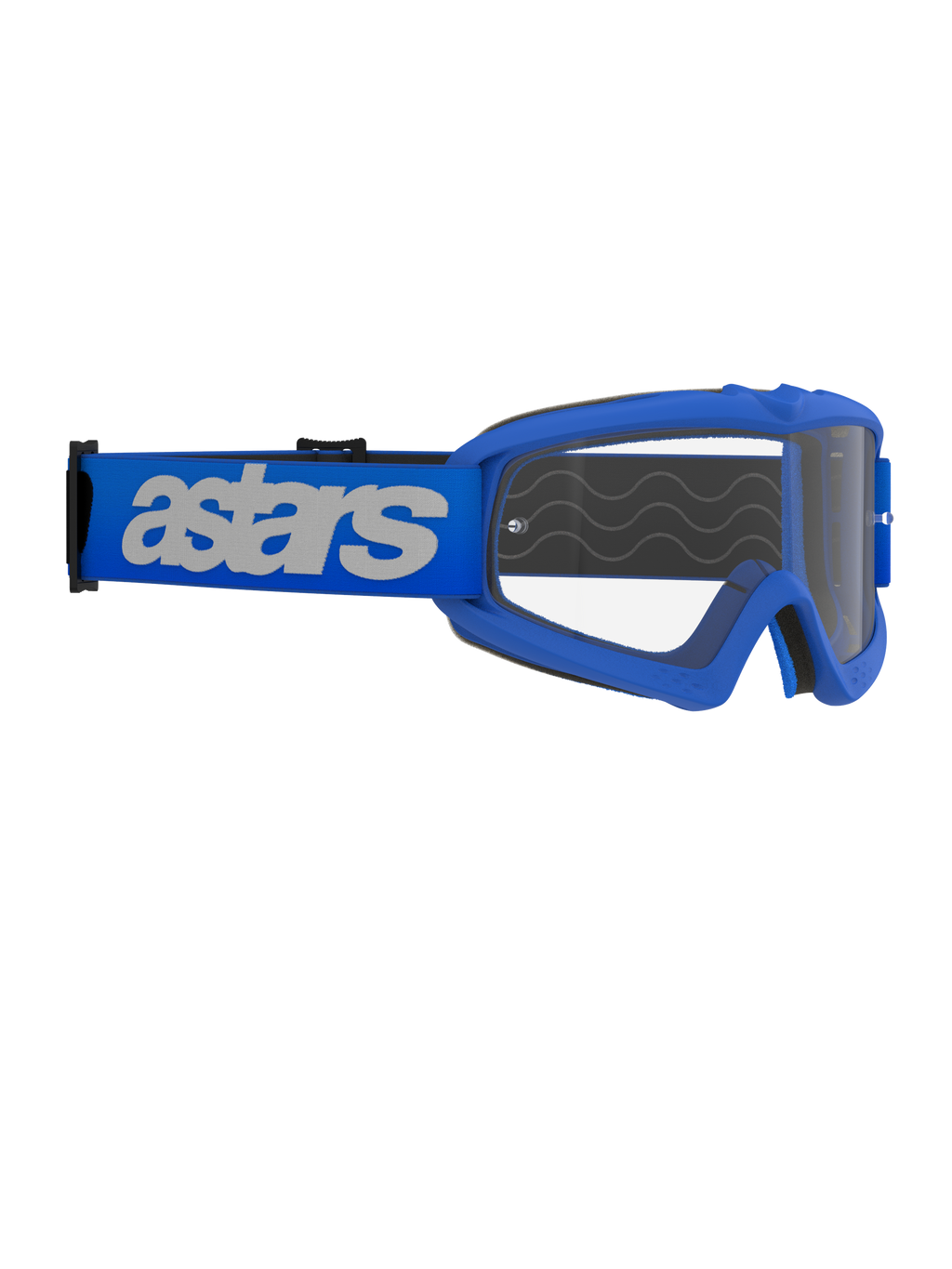 Óculos Alpinestars Vision Youth Blaze, óculos de motocross, azuis e transparentes, com armação azul e lente transparente anti-embaciamento, correia azul larga com logótipo 'astars' branco, concebidos para jovens pilotos e formatos de rosto pequenos, equipamento profissional de off-road