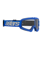 Óculos Alpinestars Vision Youth Blaze, óculos de motocross, azuis e transparentes, com armação azul e lente transparente anti-embaciamento, correia azul larga com logótipo 'astars' branco, concebidos para jovens pilotos e formatos de rosto pequenos, equipamento profissional de off-road