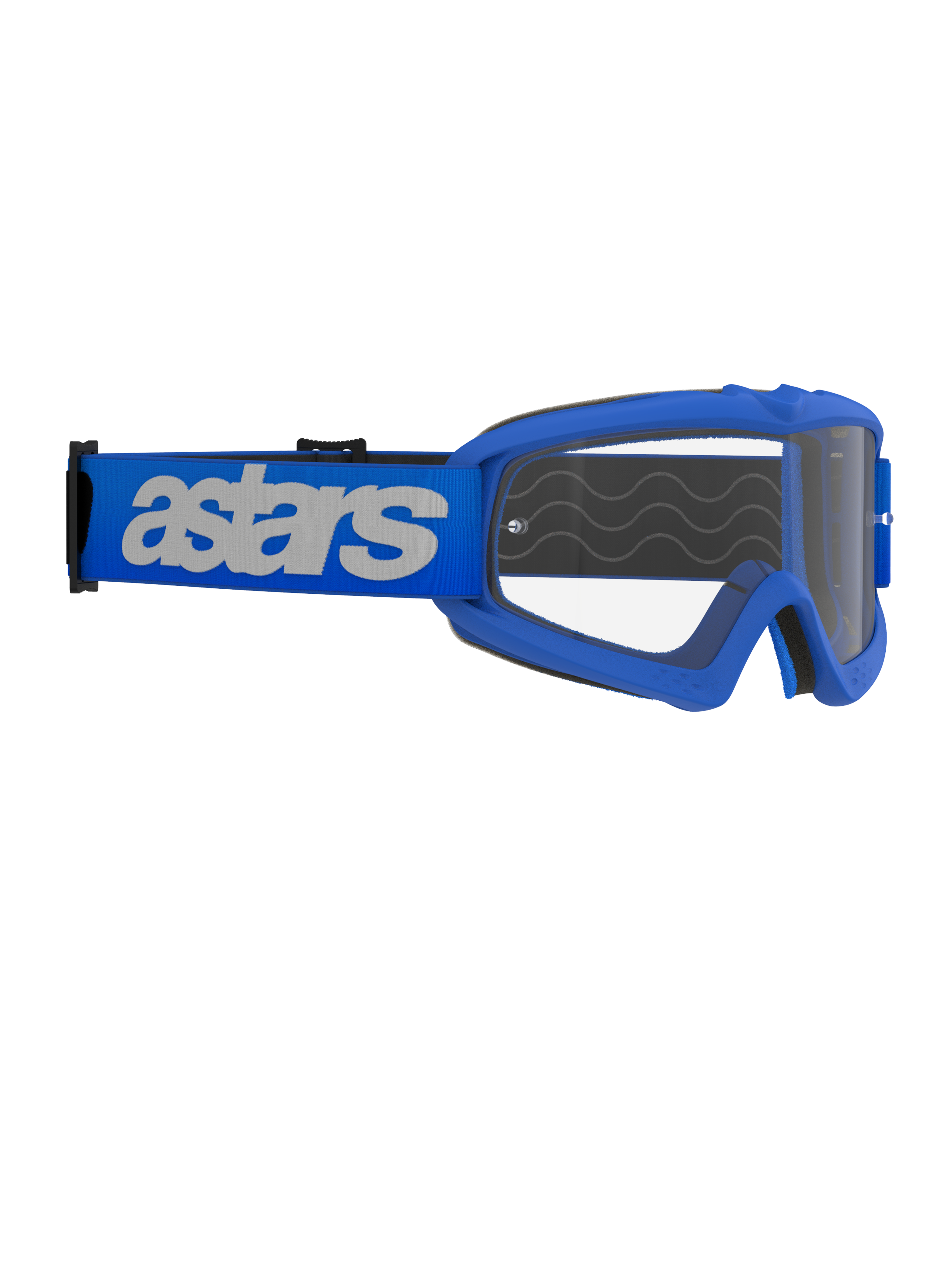Óculos Alpinestars Vision Youth Blaze, óculos de motocross, azuis e transparentes, com armação azul e lente transparente anti-embaciamento, correia azul larga com logótipo 'astars' branco, concebidos para jovens pilotos e formatos de rosto pequenos, equipamento profissional de off-road