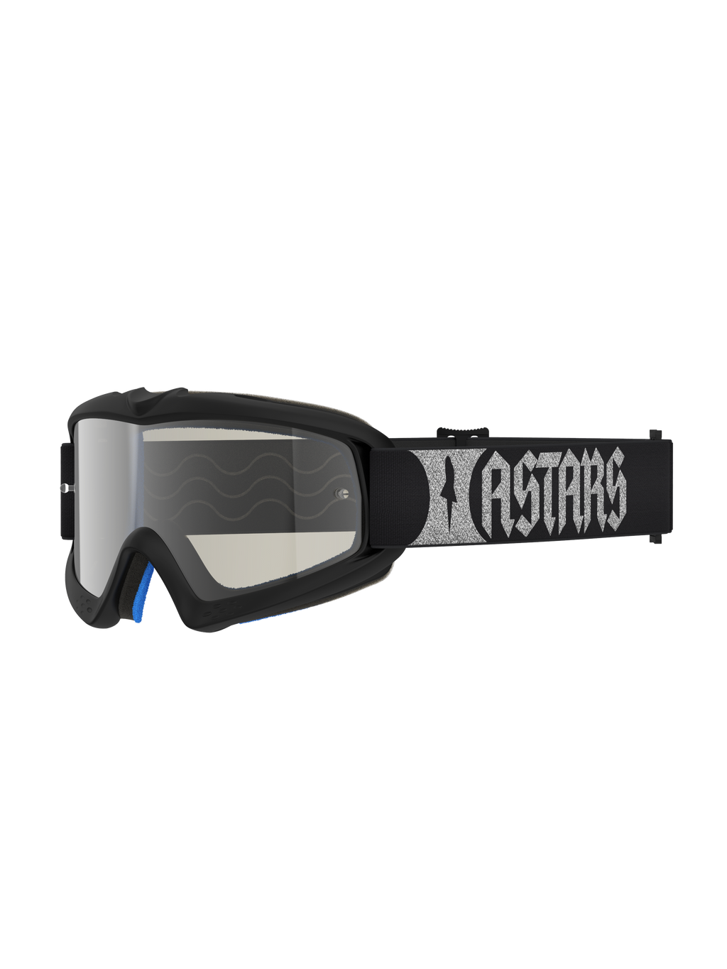 Óculos Vision Atrox Jovem Alpinestars para motocross, pretos com lente espelhada prateada e fita com logótipo.