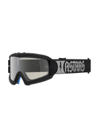Óculos Vision Atrox Jovem Alpinestars para motocross, pretos com lente espelhada prateada e fita com logótipo.