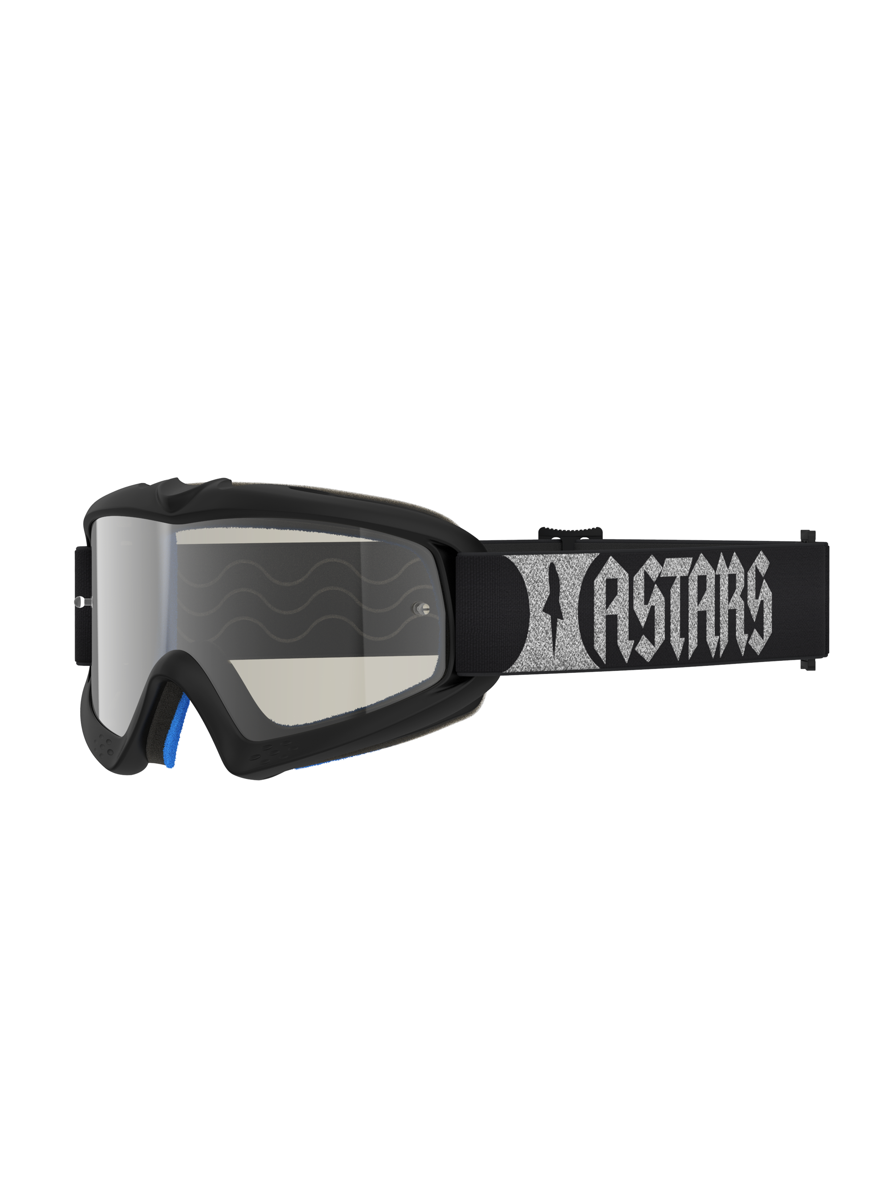 Óculos Vision Atrox Jovem Alpinestars para motocross, pretos com lente espelhada prateada e fita com logótipo.