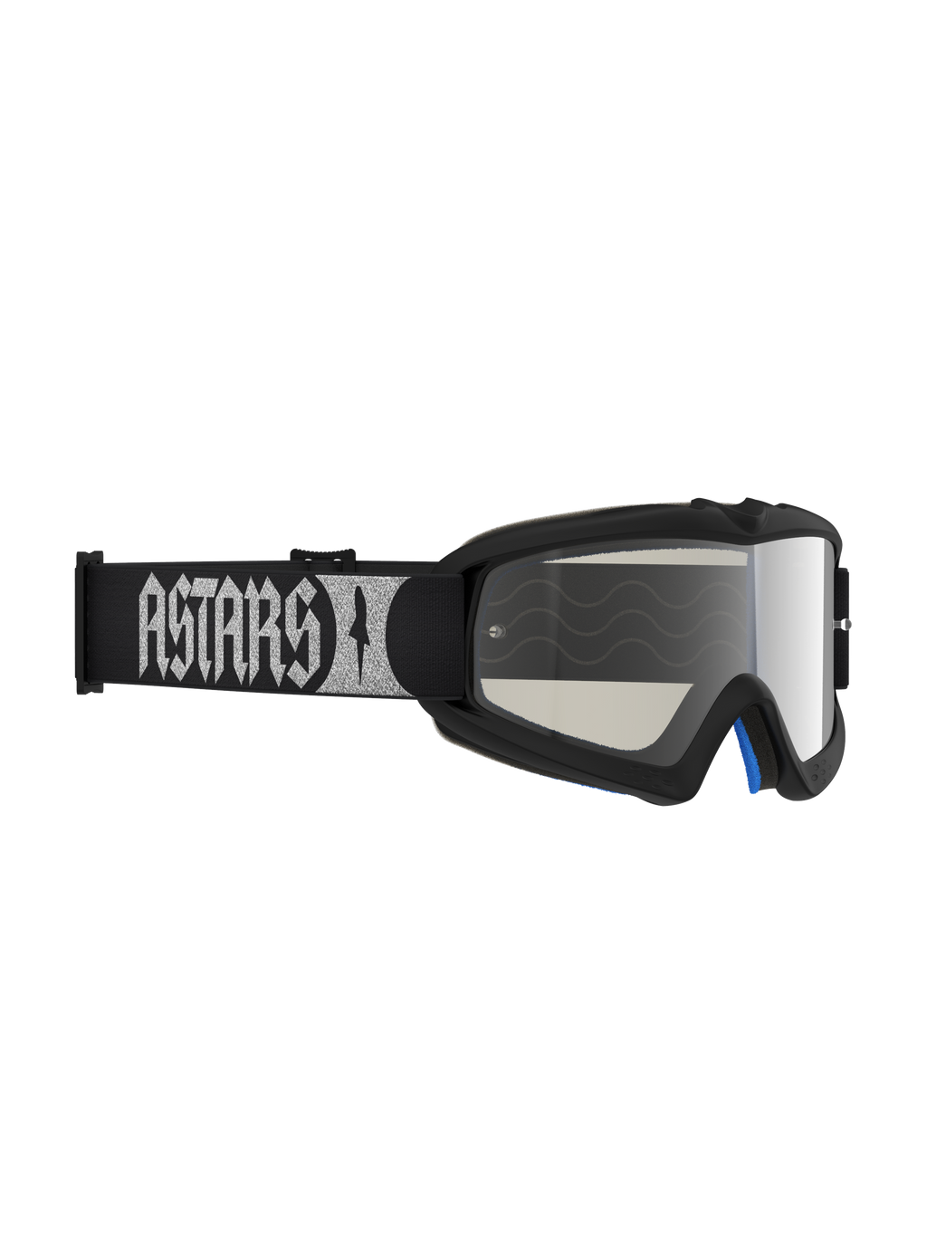 Alpinestars culos Vision Atrox Jovem, culos de motocross para juventude, pretos e prateados, lente espelhada prateada anti-embaciamento, tira com logtipo ASTARS prateado