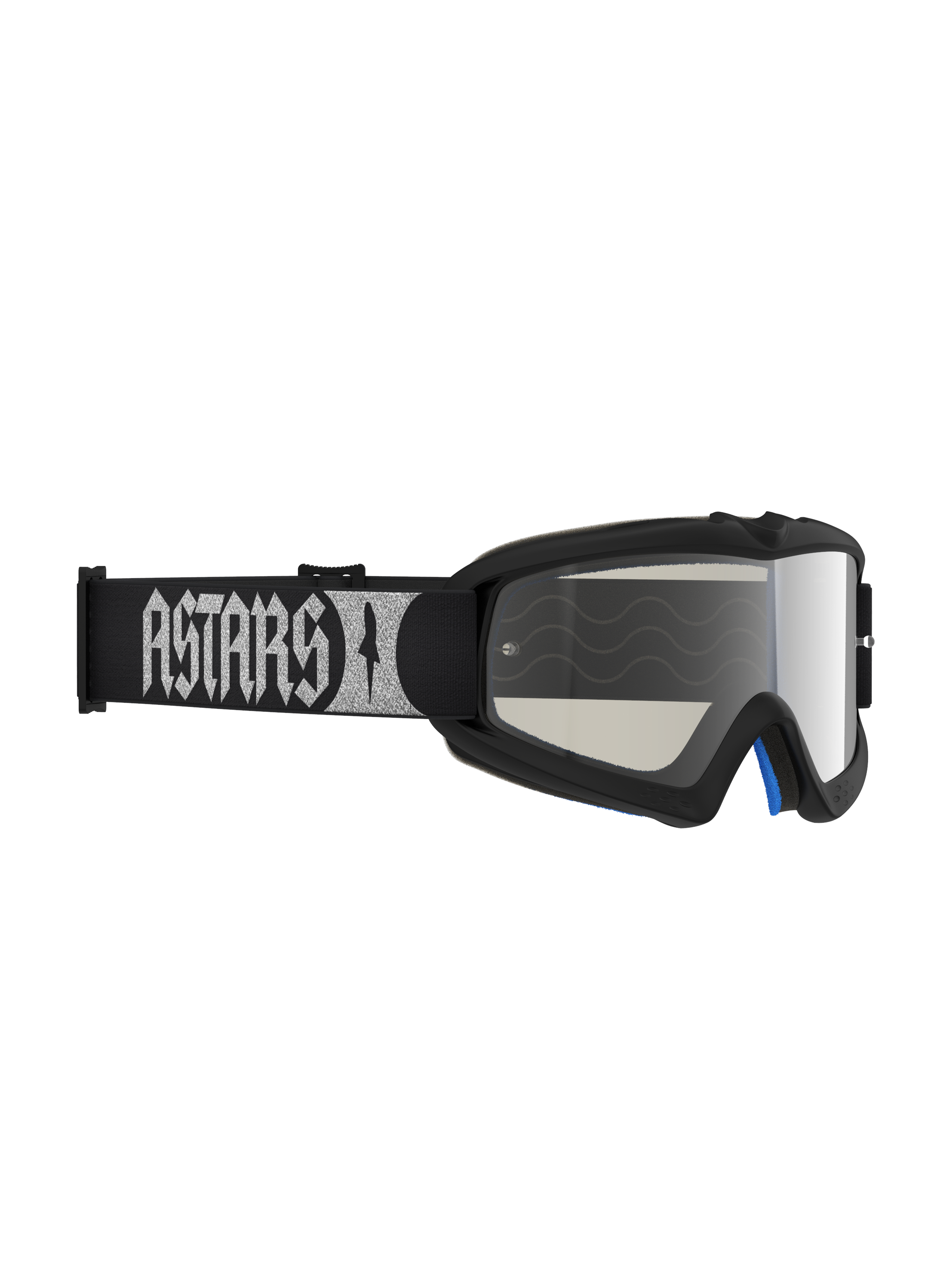 Alpinestars culos Vision Atrox Jovem, culos de motocross para juventude, pretos e prateados, lente espelhada prateada anti-embaciamento, tira com logtipo ASTARS prateado