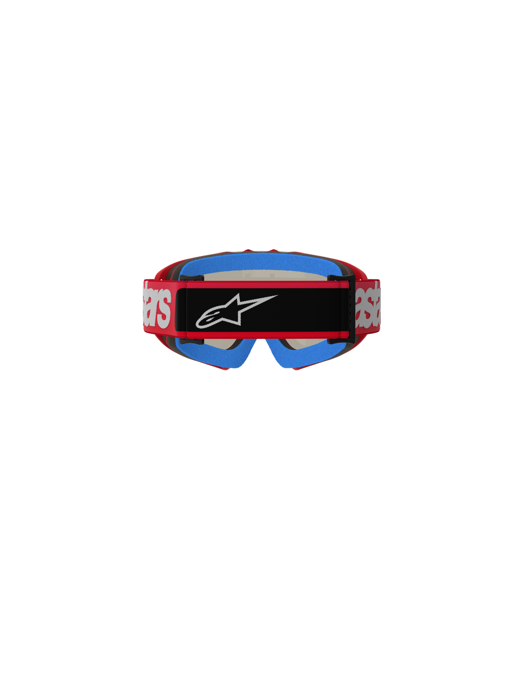 Óculos Alpinestars Vision Youth Blaze, óculos de motocross, vermelho e prateado, vista traseira com correia vermelha e marca branca, aplicação central preta com logótipo Astars branco, acolchoamento de espuma interior azul