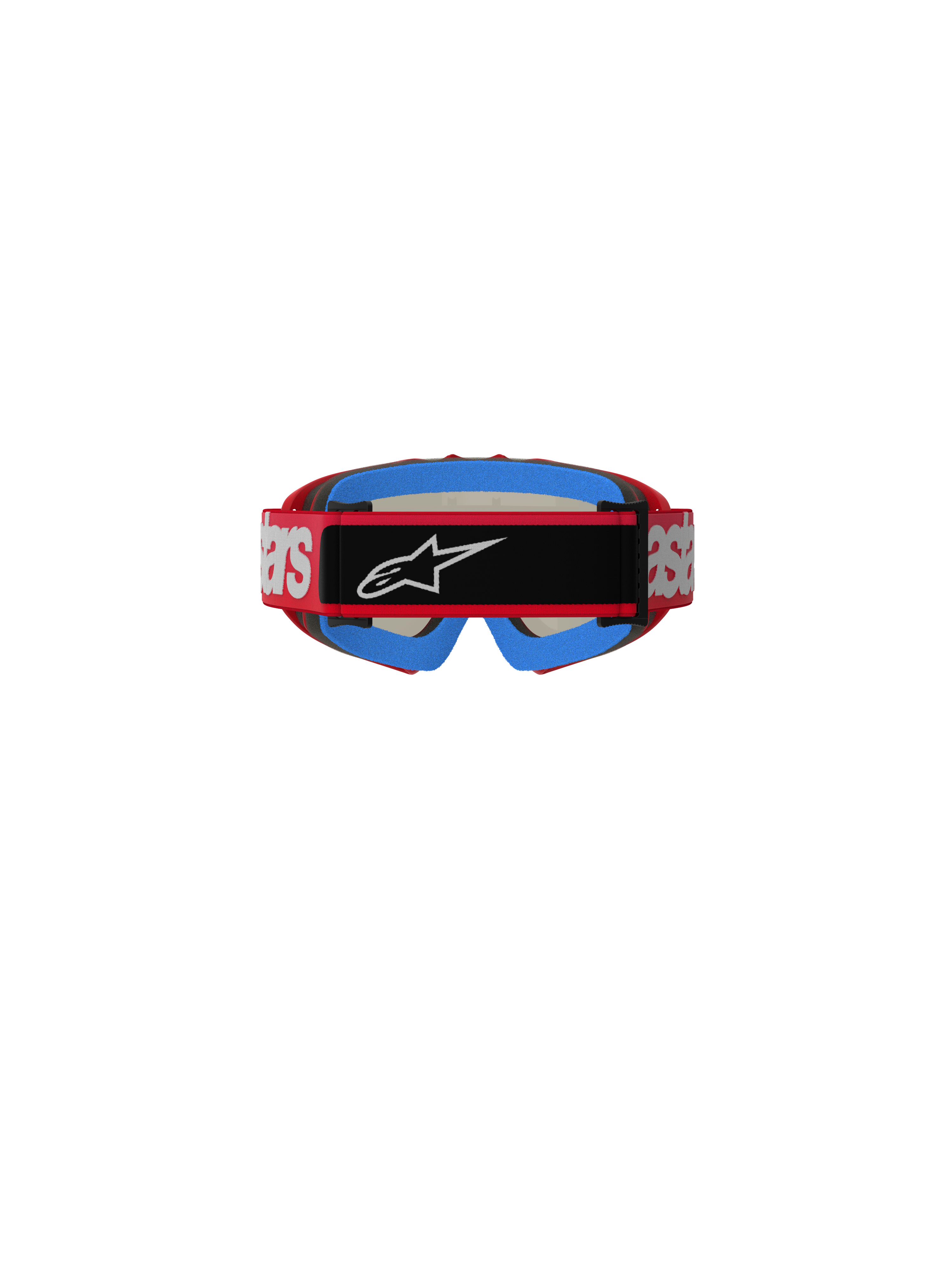 Óculos Alpinestars Vision Youth Blaze, óculos de motocross, vermelho e prateado, vista traseira com correia vermelha e marca branca, aplicação central preta com logótipo Astars branco, acolchoamento de espuma interior azul