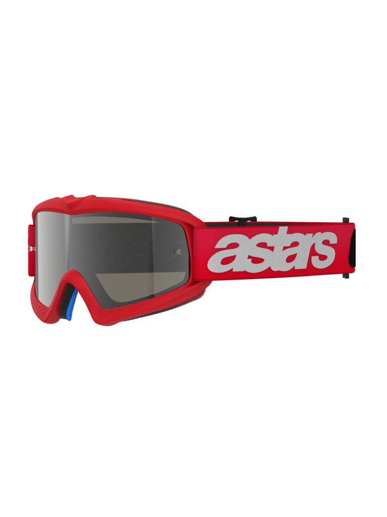 Óculos Alpinestars Vision Youth Blaze, óculos de motocross, Red Mirror Silver, armação vermelha com lente prateada espelhada, fita larga vermelha com logótipo astars branco, proteção ocular profissional de off-road para jovens pilotos