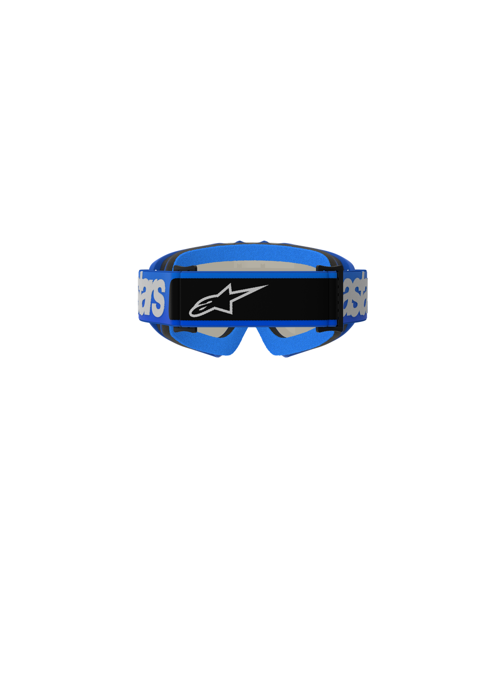 Óculos Alpinestars Vision Jovem Blaze, óculos de motocross, azuis, vista traseira a mostrar a correia tecida azul com marca Alpinestars branca e placa de logótipo central preta, acolchoamento de espuma azul, concebidos para corridas todo-o-terreno para jovens