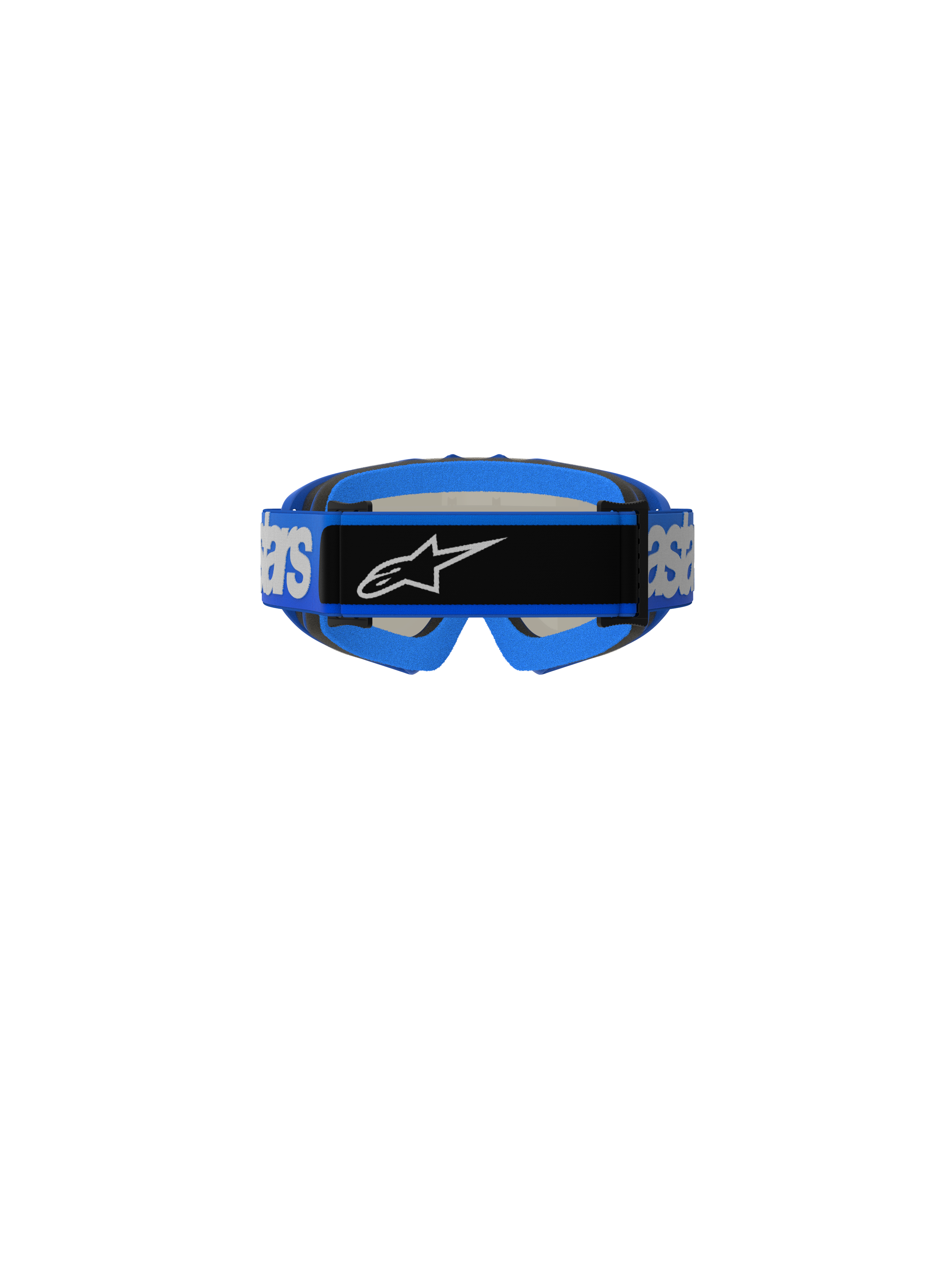 Óculos Alpinestars Vision Jovem Blaze, óculos de motocross, azuis, vista traseira a mostrar a correia tecida azul com marca Alpinestars branca e placa de logótipo central preta, acolchoamento de espuma azul, concebidos para corridas todo-o-terreno para jovens