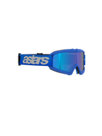 Alpinestars Vision Youth Blaze Goggles, óculos de motocross, Azul Mirror Azul, armação azul vibrante com lente espelhada, correia azul larga com a marca 'astars' em cinzento claro, proteção ocular de alto desempenho para jovens pilotos de todo-o-terreno