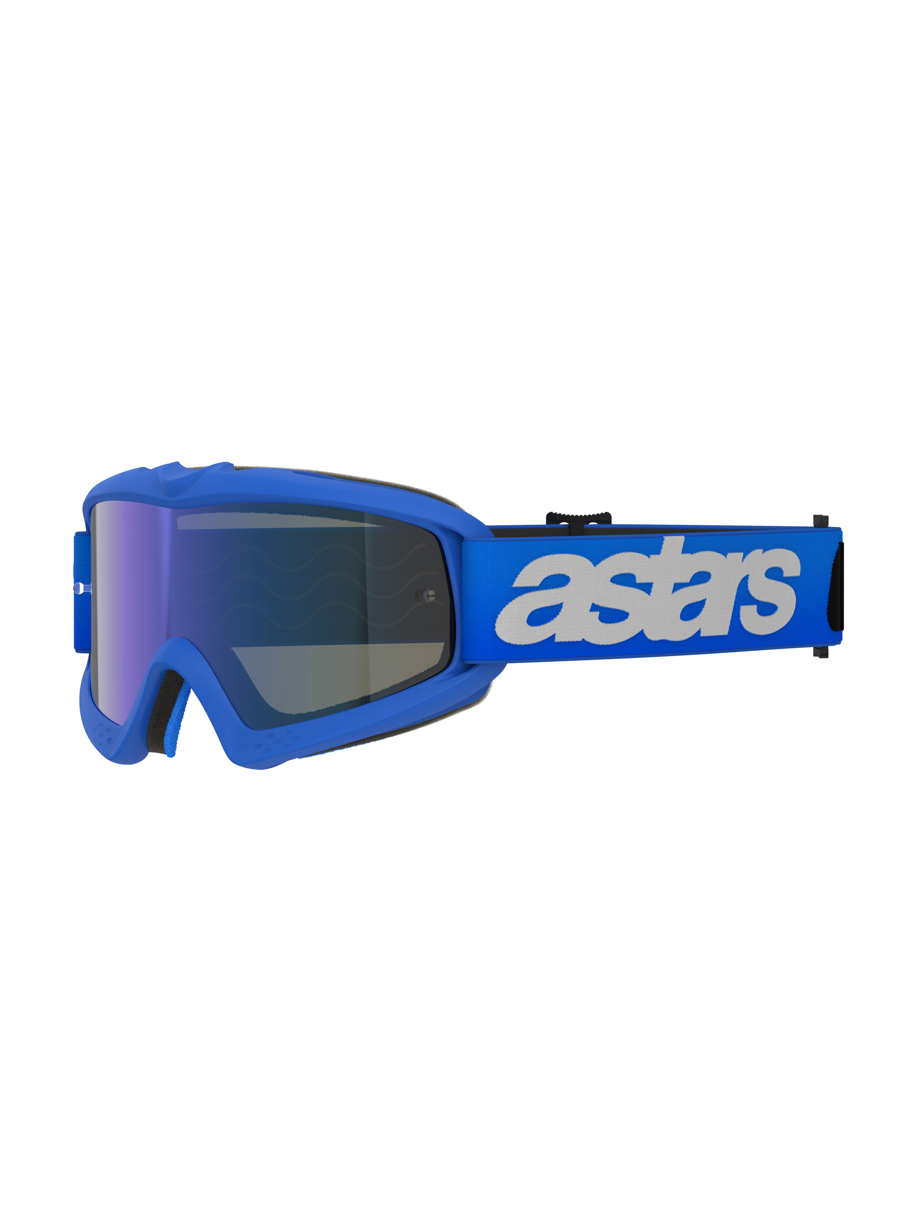 Óculos Alpinestars Vision Jovem Blaze, óculos de motocross, Azul Espelhado Azul, armação azul com lente espelhada azul anti-embaciamento, correia azul ajustável com logótipo "astars" branco, proteção ocular especializada para jovens pilotos
