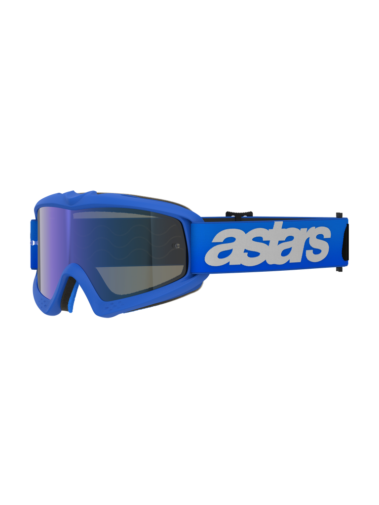 Óculos Alpinestars Vision Jovem Blaze, óculos de motocross, Azul Espelhado Azul, armação azul com lente espelhada azul anti-embaciamento, correia azul ajustável com logótipo "astars" branco, proteção ocular especializada para jovens pilotos