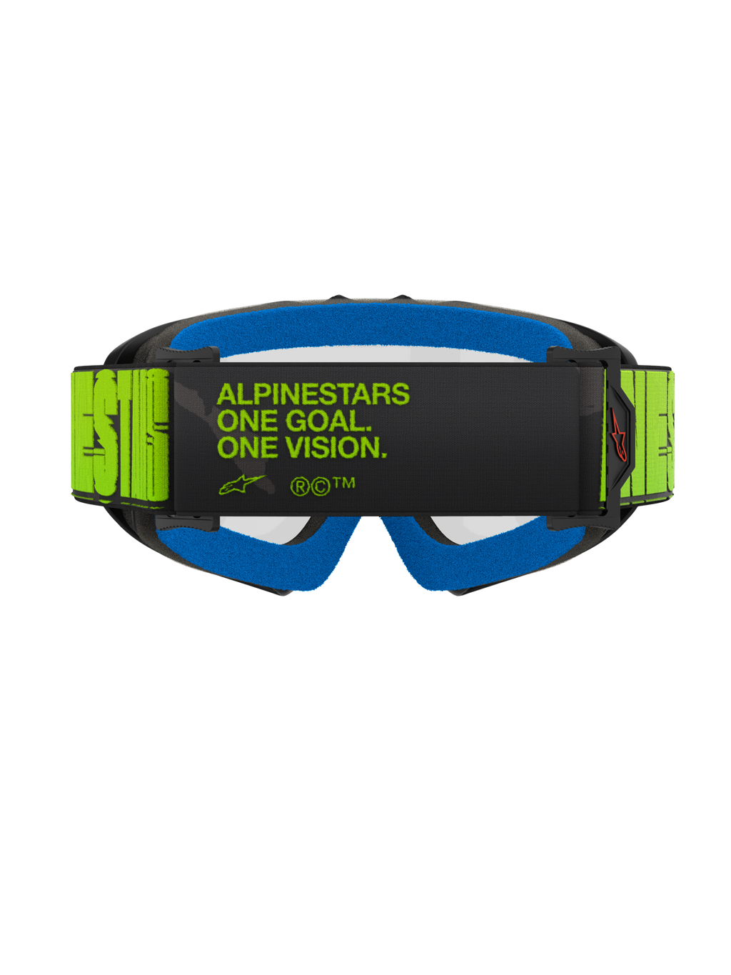 Óculos Alpinestars Vision Youth Hollow, óculos de motocross, cinzento e amarelo néon, vista traseira com o slogan 'ALPINESTARS ONE GOAL. ONE VISION.' na correia, espuma facial azul brilhante, proteção ocular de motocross específica para jovens