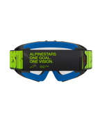 Óculos Alpinestars Vision Youth Hollow, óculos de motocross, cinzento e amarelo néon, vista traseira com o slogan 'ALPINESTARS ONE GOAL. ONE VISION.' na correia, espuma facial azul brilhante, proteção ocular de motocross específica para jovens