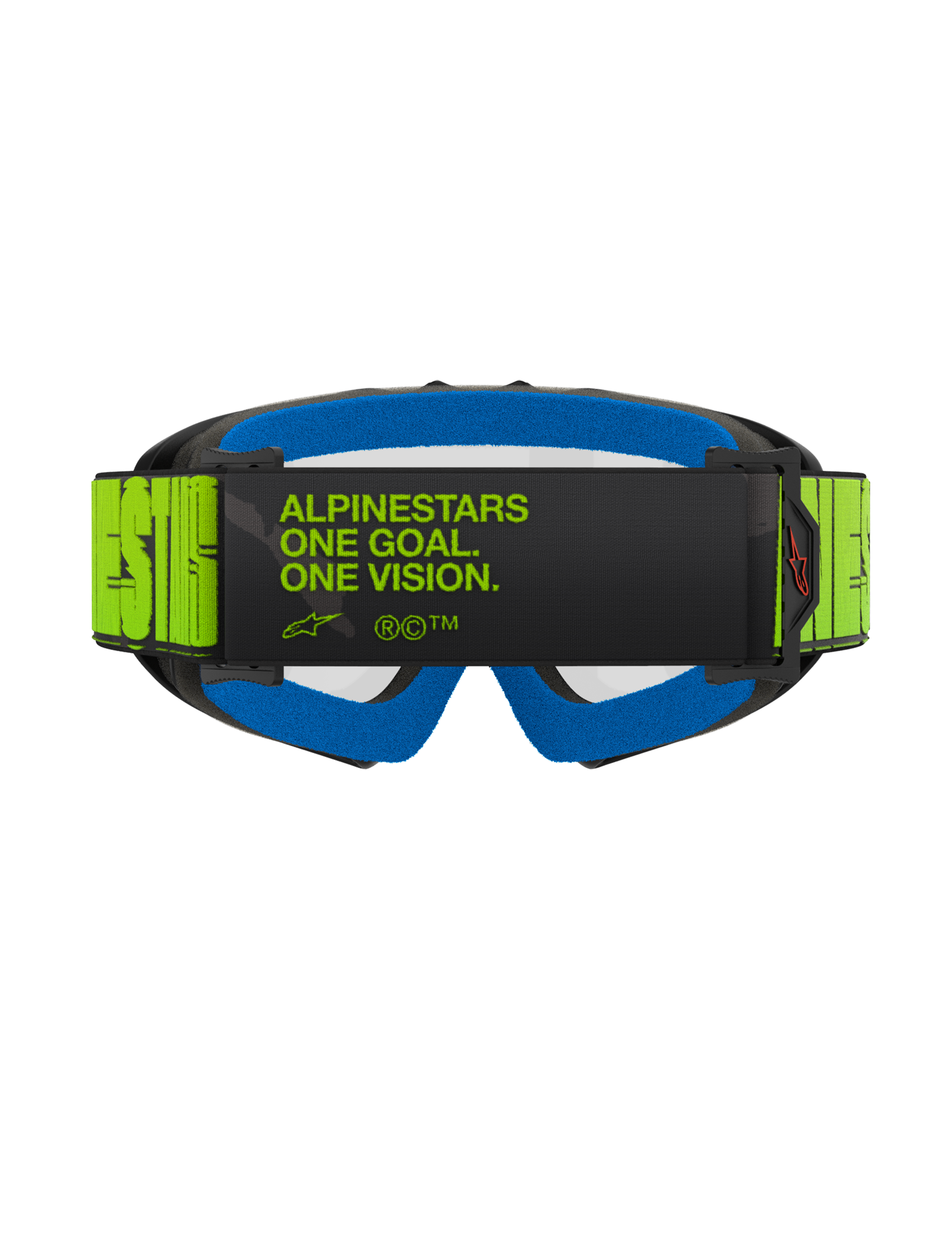 Óculos Alpinestars Vision Youth Hollow, óculos de motocross, cinzento e amarelo néon, vista traseira com o slogan 'ALPINESTARS ONE GOAL. ONE VISION.' na correia, espuma facial azul brilhante, proteção ocular de motocross específica para jovens