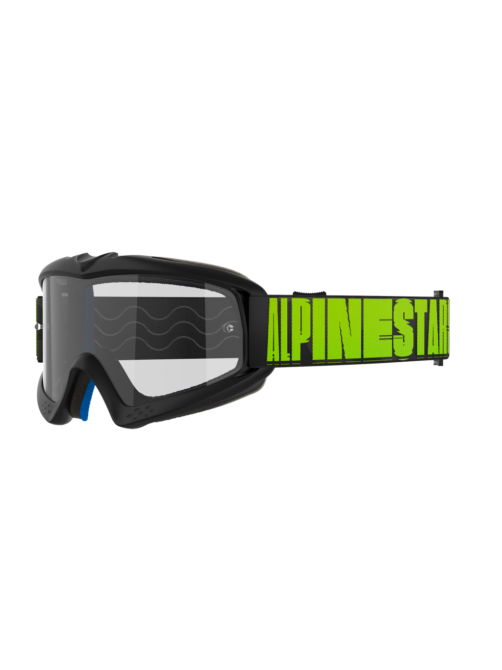 Óculos Alpinestars Vision Youth Hollow e Vision 5 Hollow, óculos de motocross e todo-o-terreno, armação cinza-carvão com marca Alpinestars em amarelo néon na tira preta, lente transparente, camada de espuma interior azul, design aerodinâmico moderno para pilotos jovens e adultos