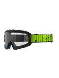 Óculos Alpinestars Vision Youth Hollow e Vision 5 Hollow, óculos de motocross e todo-o-terreno, armação cinza-carvão com marca Alpinestars em amarelo néon na tira preta, lente transparente, camada de espuma interior azul, design aerodinâmico moderno para pilotos jovens e adultos