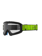 Óculos Alpinestars Vision Youth Hollow e Vision 5 Hollow, óculos de motocross e todo-o-terreno, armação cinza-carvão com marca Alpinestars em amarelo néon na tira preta, lente transparente, camada de espuma interior azul, design aerodinâmico moderno para pilotos jovens e adultos