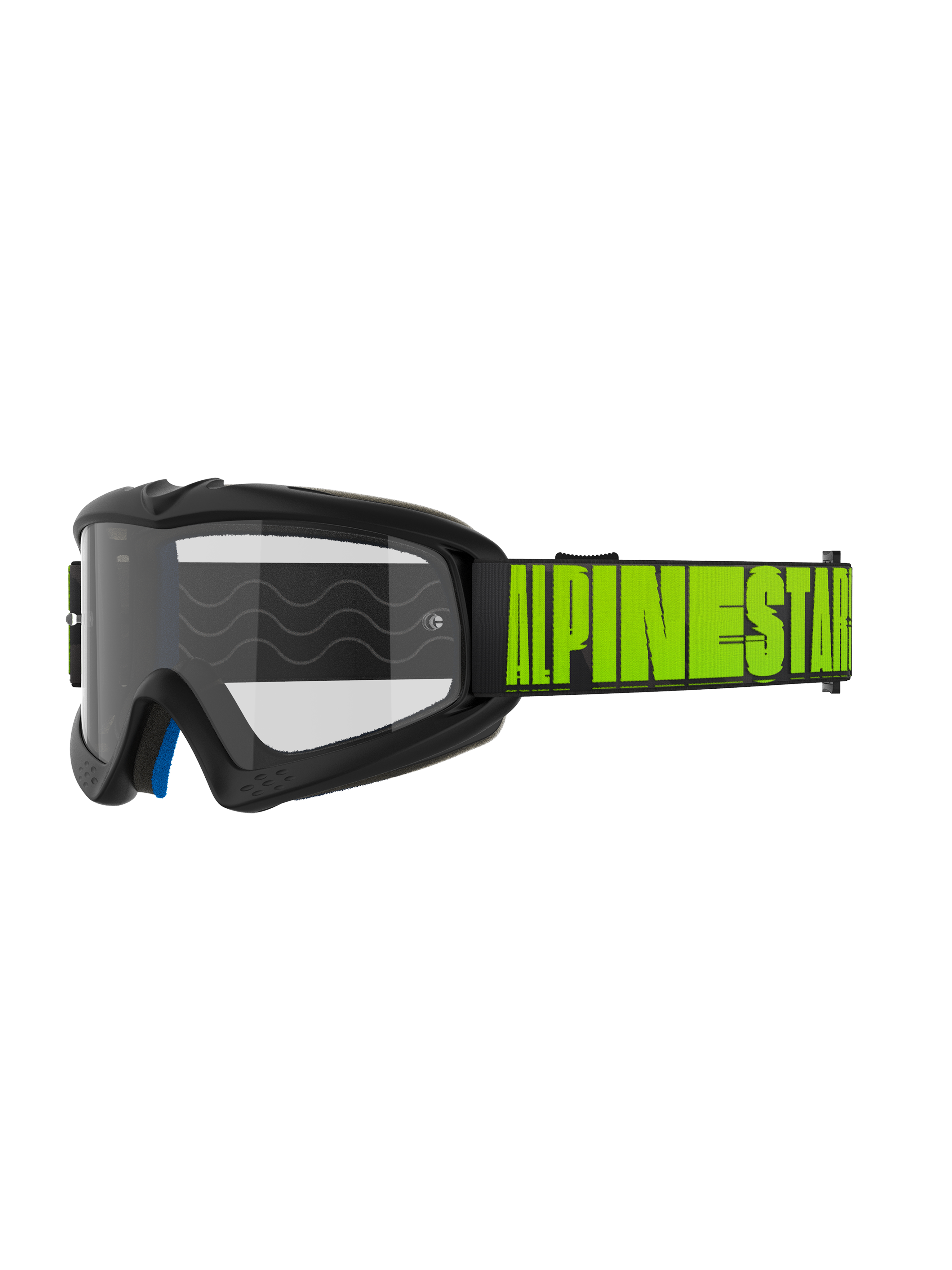 Óculos Alpinestars Vision Youth Hollow e Vision 5 Hollow, óculos de motocross e todo-o-terreno, armação cinza-carvão com marca Alpinestars em amarelo néon na tira preta, lente transparente, camada de espuma interior azul, design aerodinâmico moderno para pilotos jovens e adultos