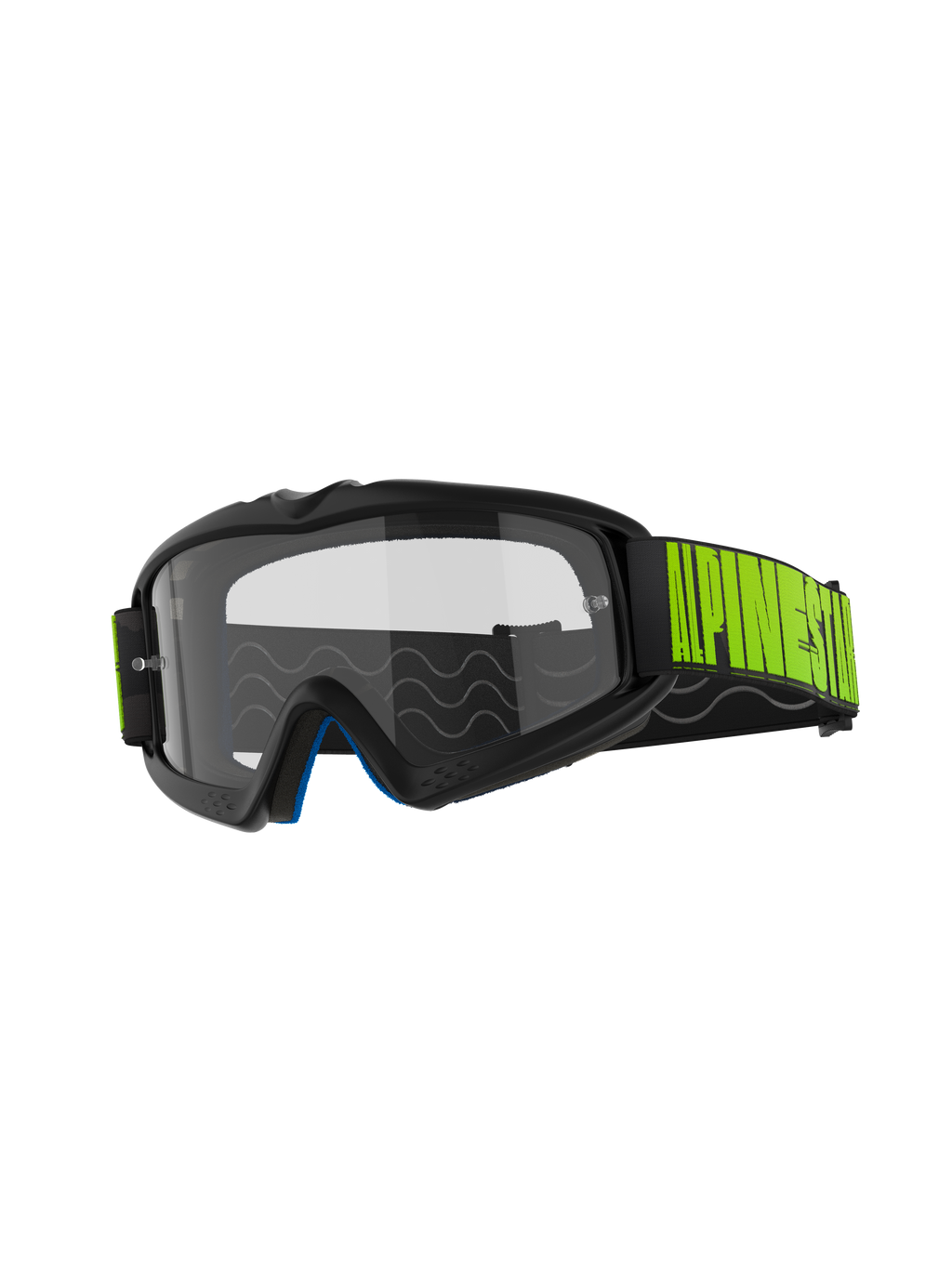 Óculos Alpinestars Vision Youth Hollow, óculos de motocross, armação cinzenta com lente transparente anti-embaciamento, correia preta com logótipo amarelo néon, espuma interna azul, concebidos para jovens pilotos de corridas todo-o-terreno