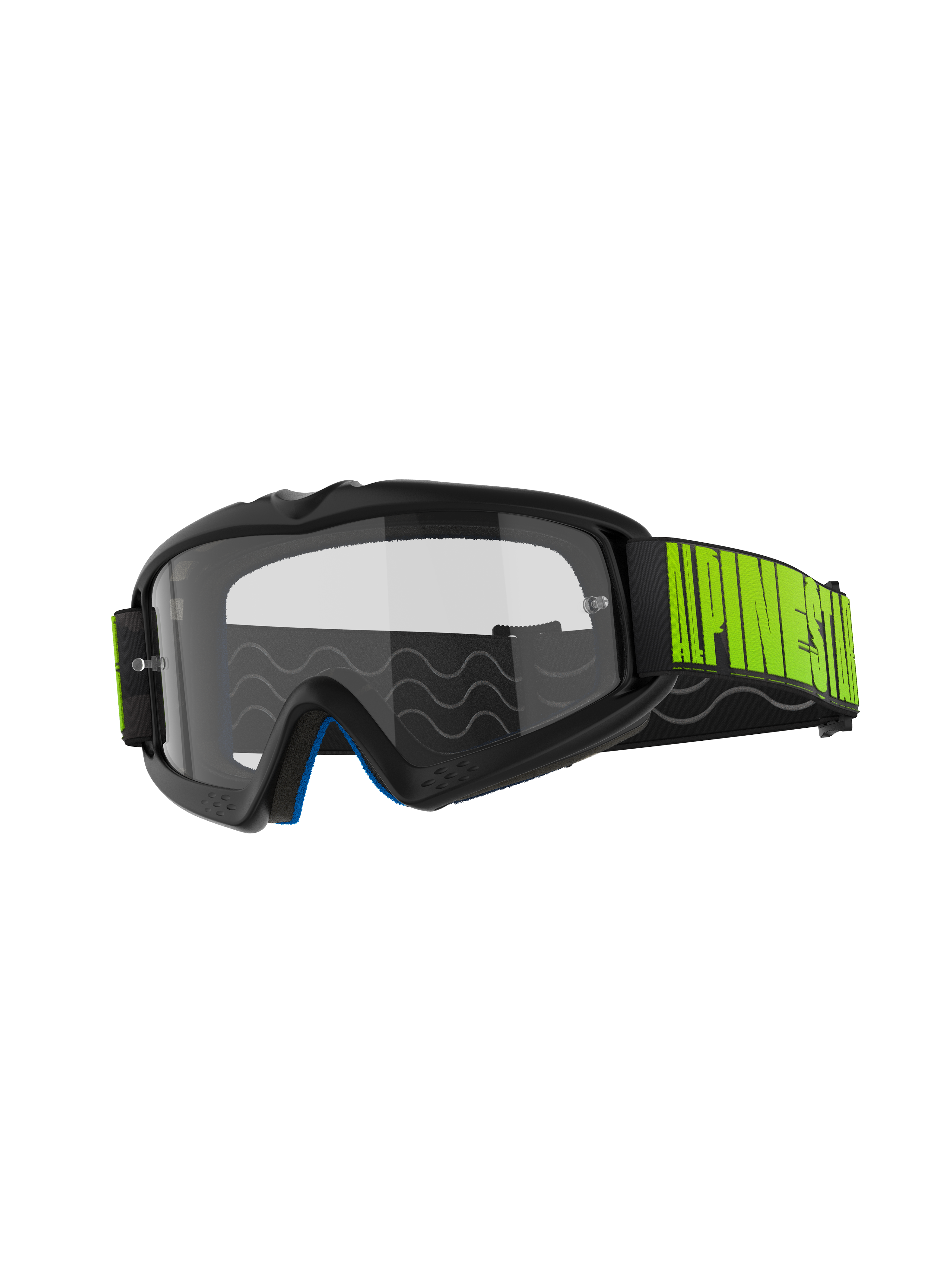 Óculos Alpinestars Vision Youth Hollow, óculos de motocross, armação cinzenta com lente transparente anti-embaciamento, correia preta com logótipo amarelo néon, espuma interna azul, concebidos para jovens pilotos de corridas todo-o-terreno