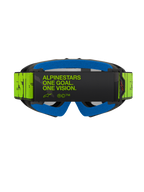 Óculos Alpinestars Vision Youth Hollow, vista traseira com correia amarelo néon e texto preto 'One Goal. One Vision.', espuma facial azul e armação cinza, óculos de motocross profissionais para jovens