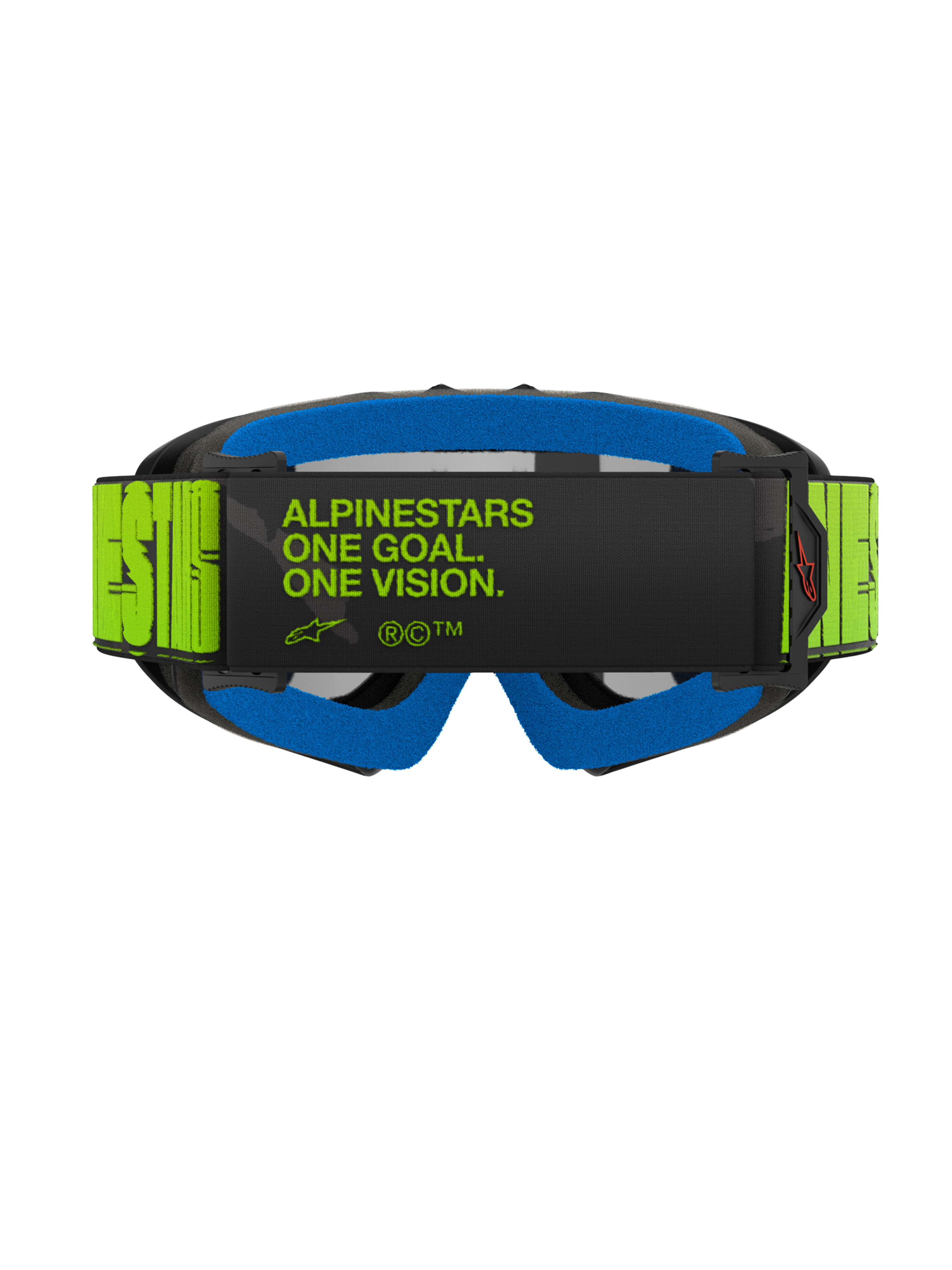 Óculos Alpinestars Vision Youth Hollow, vista traseira com correia amarelo néon e texto preto 'One Goal. One Vision.', espuma facial azul e armação cinza, óculos de motocross profissionais para jovens