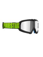Óculos Alpinestars Vision Youth Hollow, óculos de motocross para jovens, armação cinza carvão com lente prateada espelhada, correia amarela néon e preta com a marca Alpinestars em destaque, proteção ocular de nível profissional para corridas todo-o-terreno